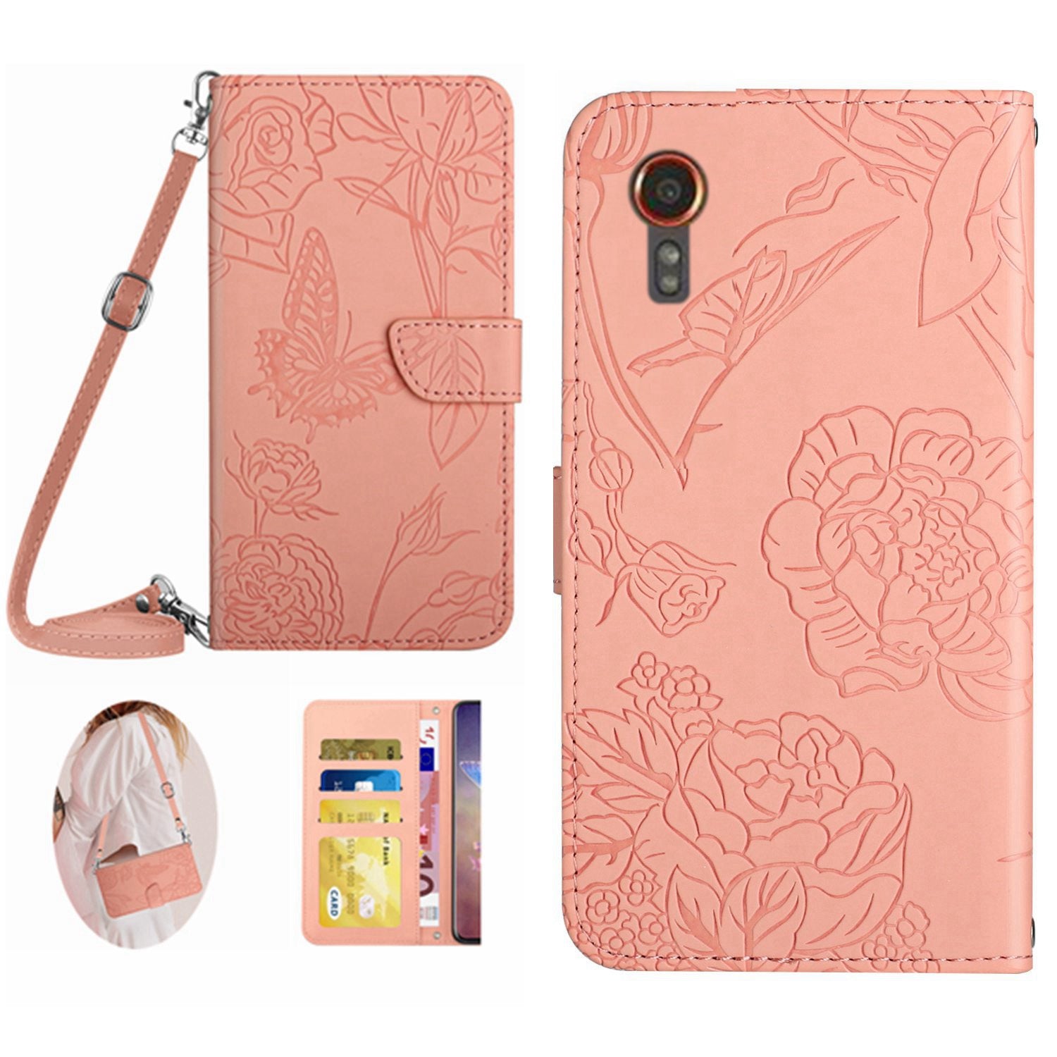 HT03 For Samsung Galaxy Xcover7 Leather Wallet Case Butterfly Flower with Shoulder Strap - Black