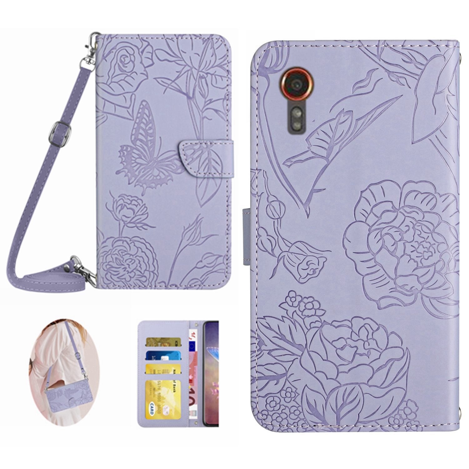 HT03 For Samsung Galaxy Xcover7 Leather Wallet Case Butterfly Flower with Shoulder Strap - Black