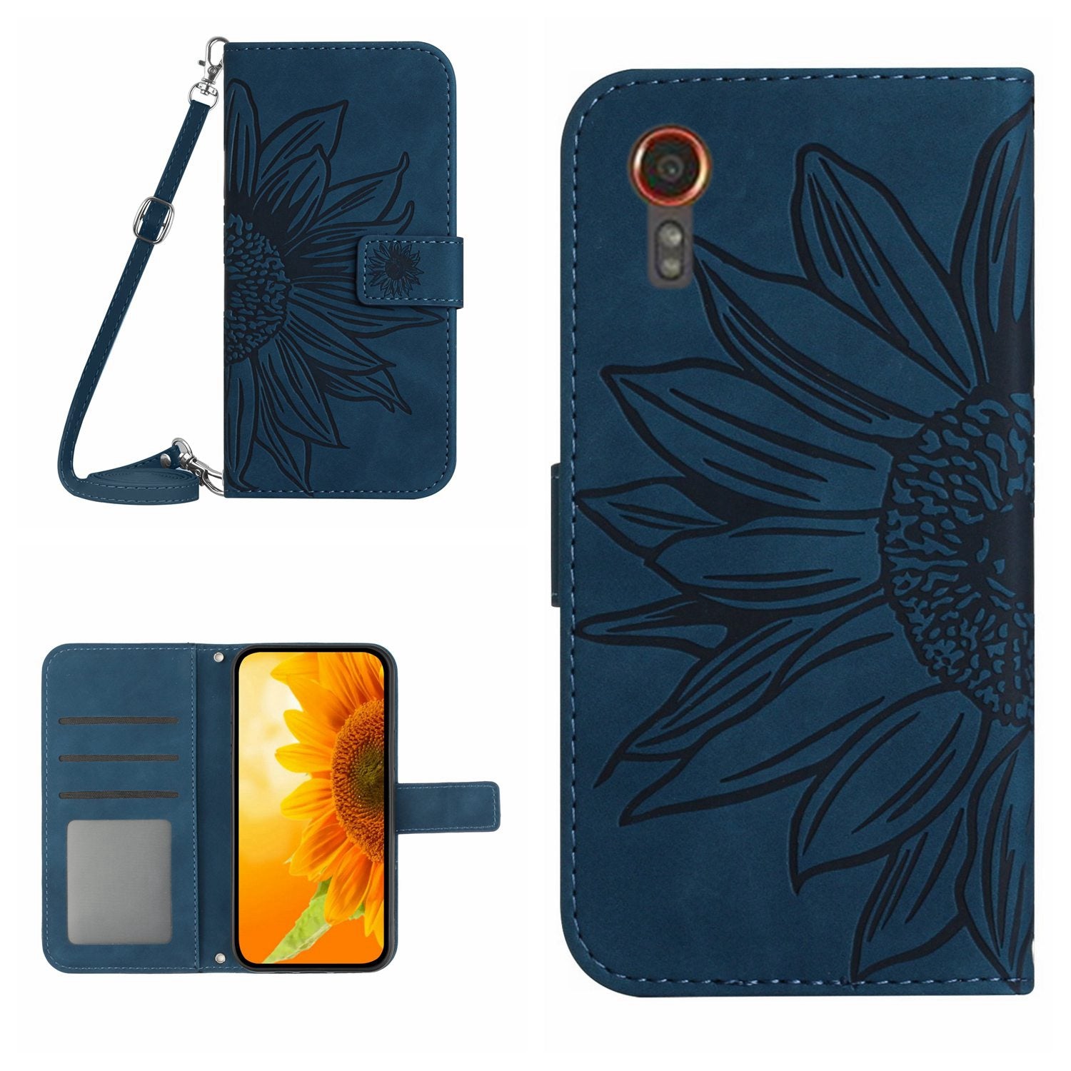 HT04 For Samsung Galaxy Xcover7 Leather Case with Shoulder Strap Wallet Phone Cover - Dark Blue