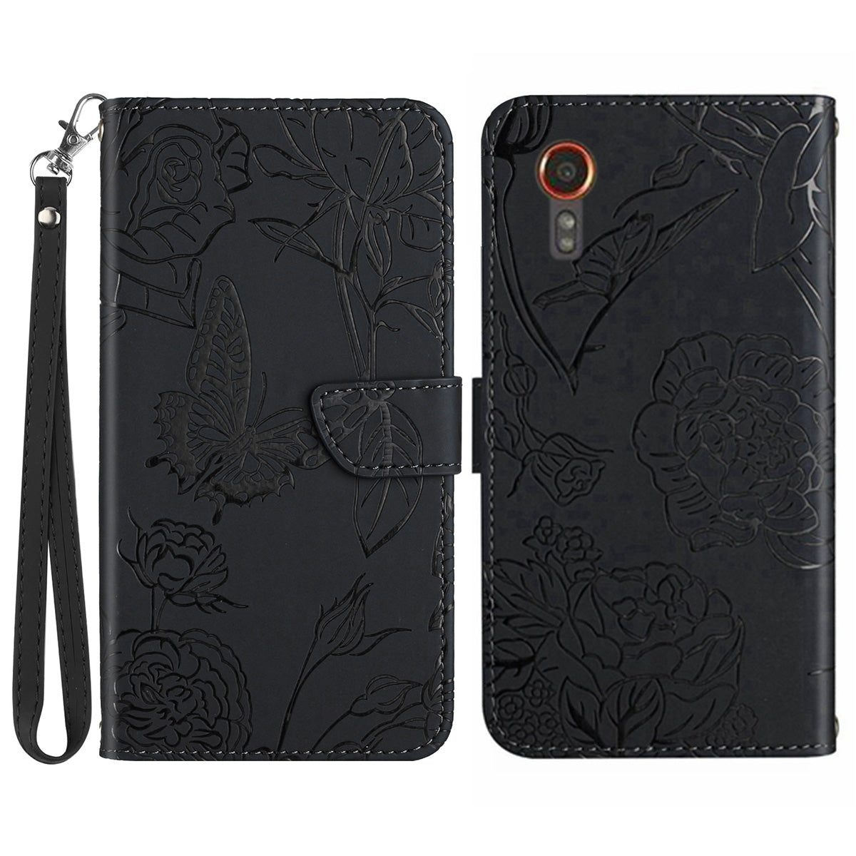 HT03 For Samsung Galaxy Xcover7 Leather Case with Hand Strap Butterfly Flower Pattern - Black