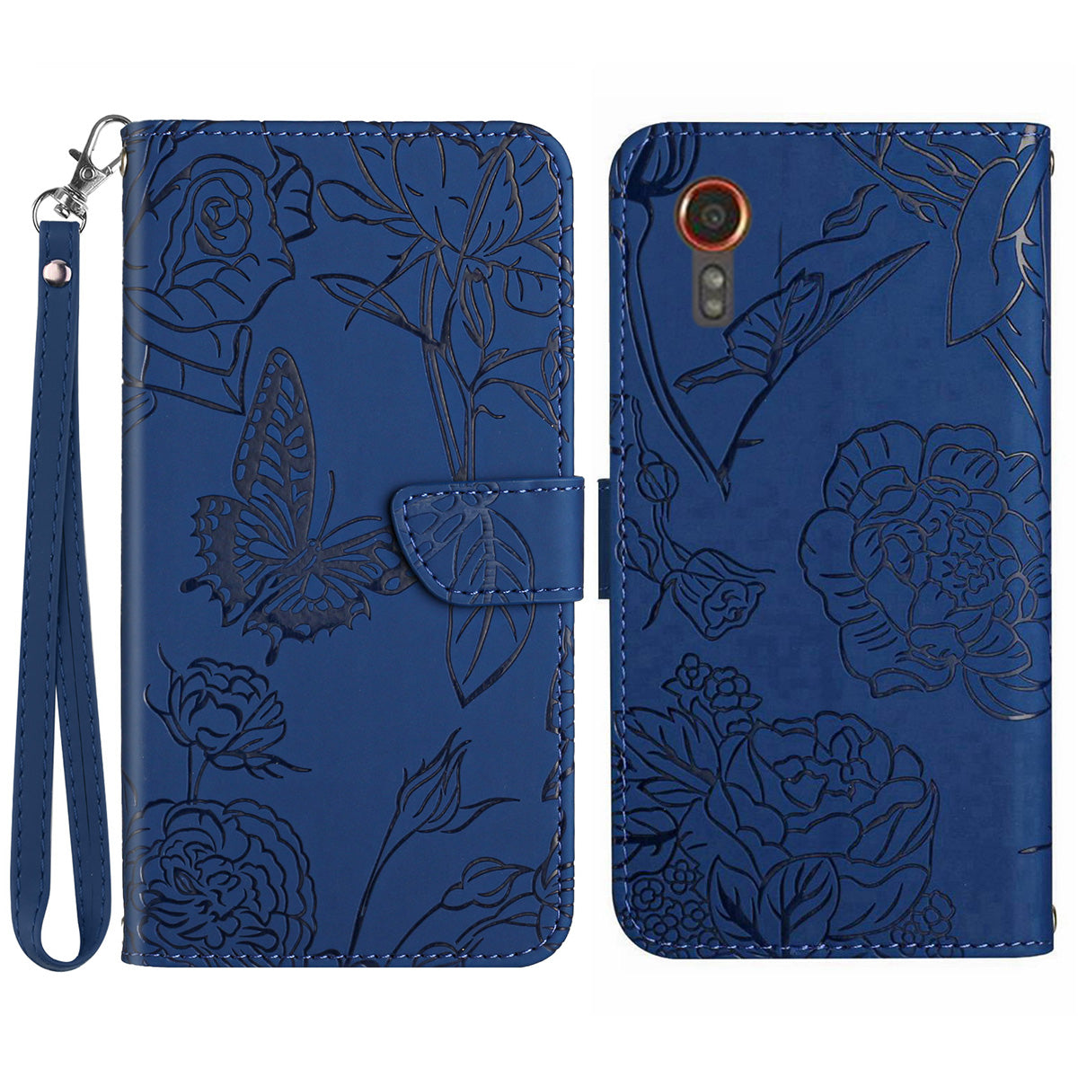 HT03 For Samsung Galaxy Xcover7 Leather Case with Hand Strap Butterfly Flower Pattern - Black