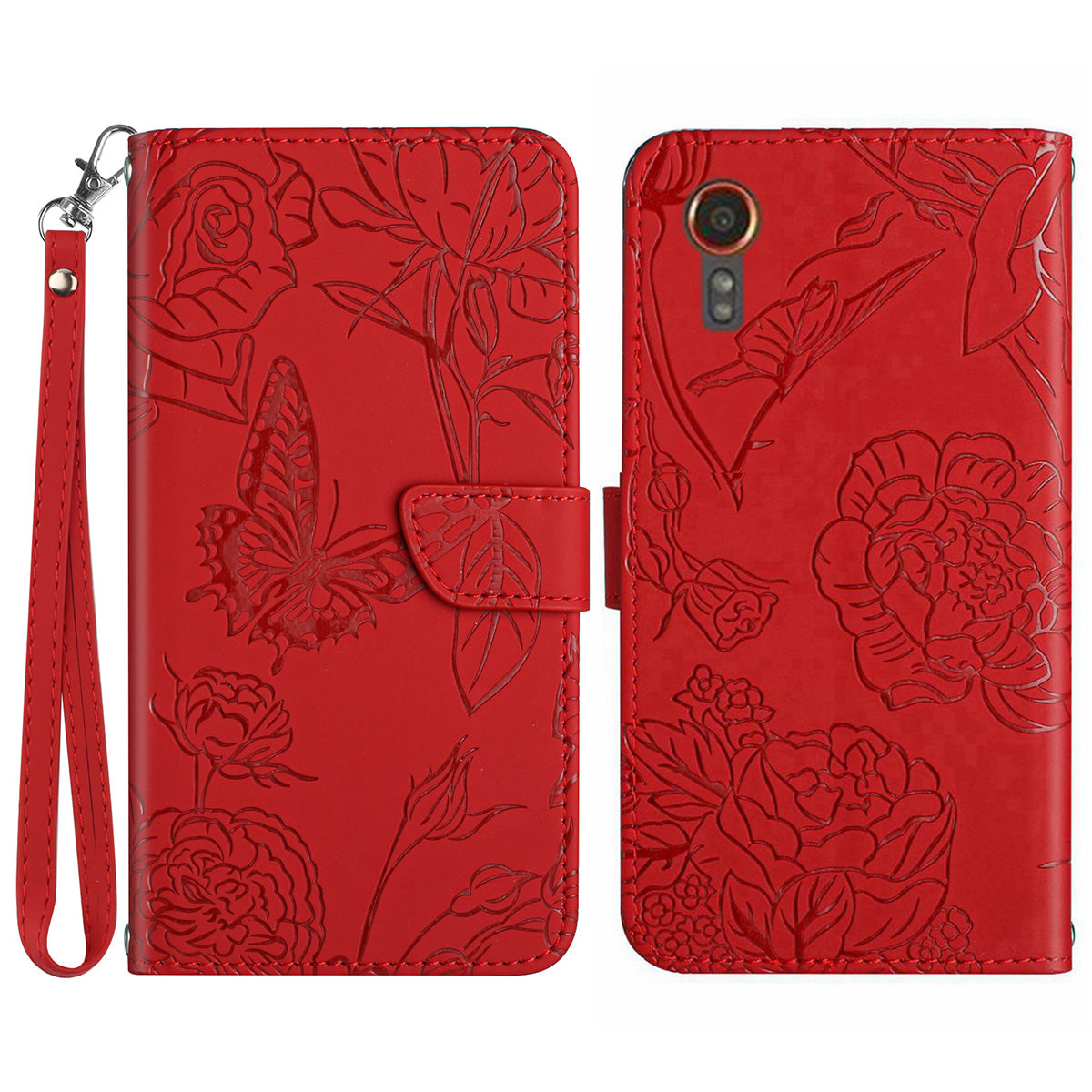 HT03 For Samsung Galaxy Xcover7 Leather Case with Hand Strap Butterfly Flower Pattern - Black