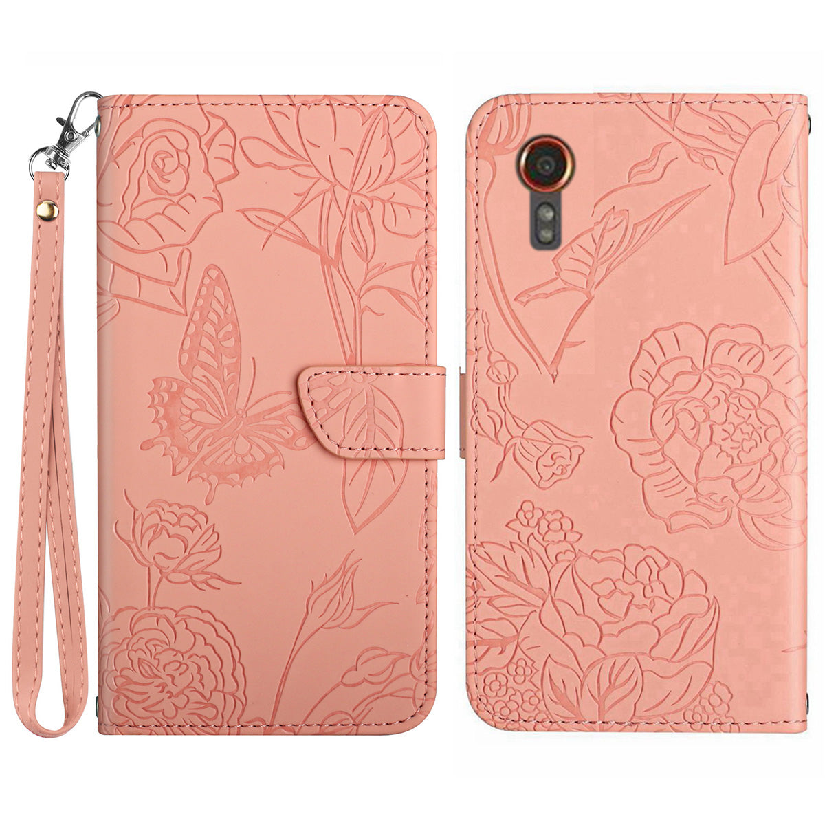 HT03 For Samsung Galaxy Xcover7 Leather Case with Hand Strap Butterfly Flower Pattern - Black