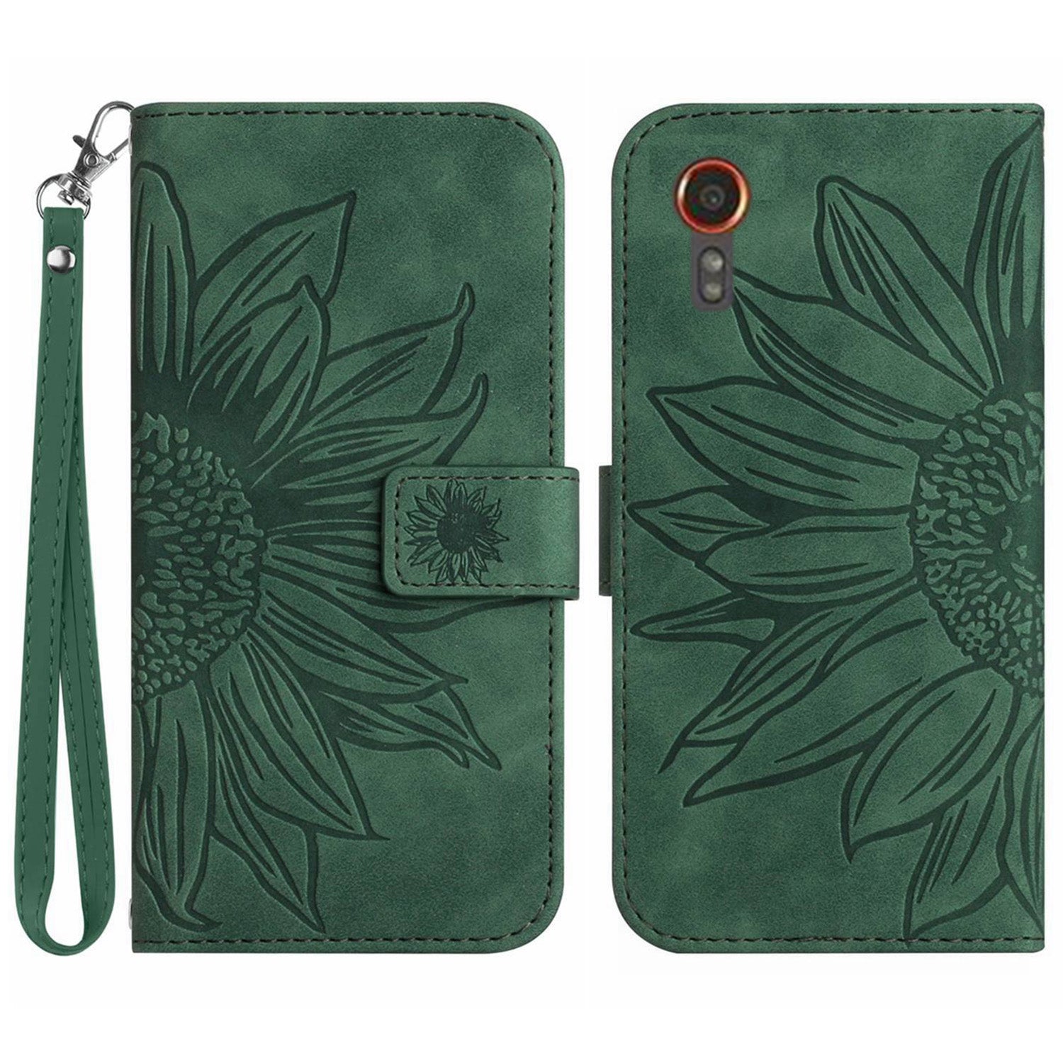 HT04 For Samsung Galaxy Xcover7 Leather Case Phone Wallet with Hand Strap Sunflower Pattern - Dark Green