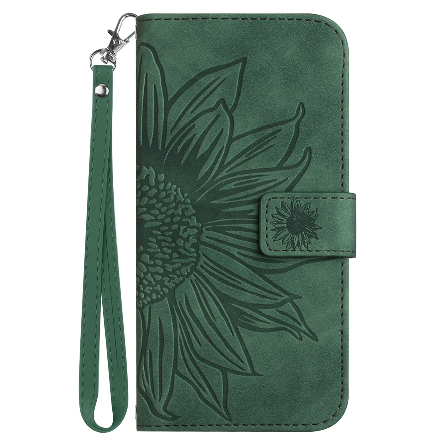 HT04 For Samsung Galaxy Xcover7 Leather Case Phone Wallet with Hand Strap Sunflower Pattern - Dark Green