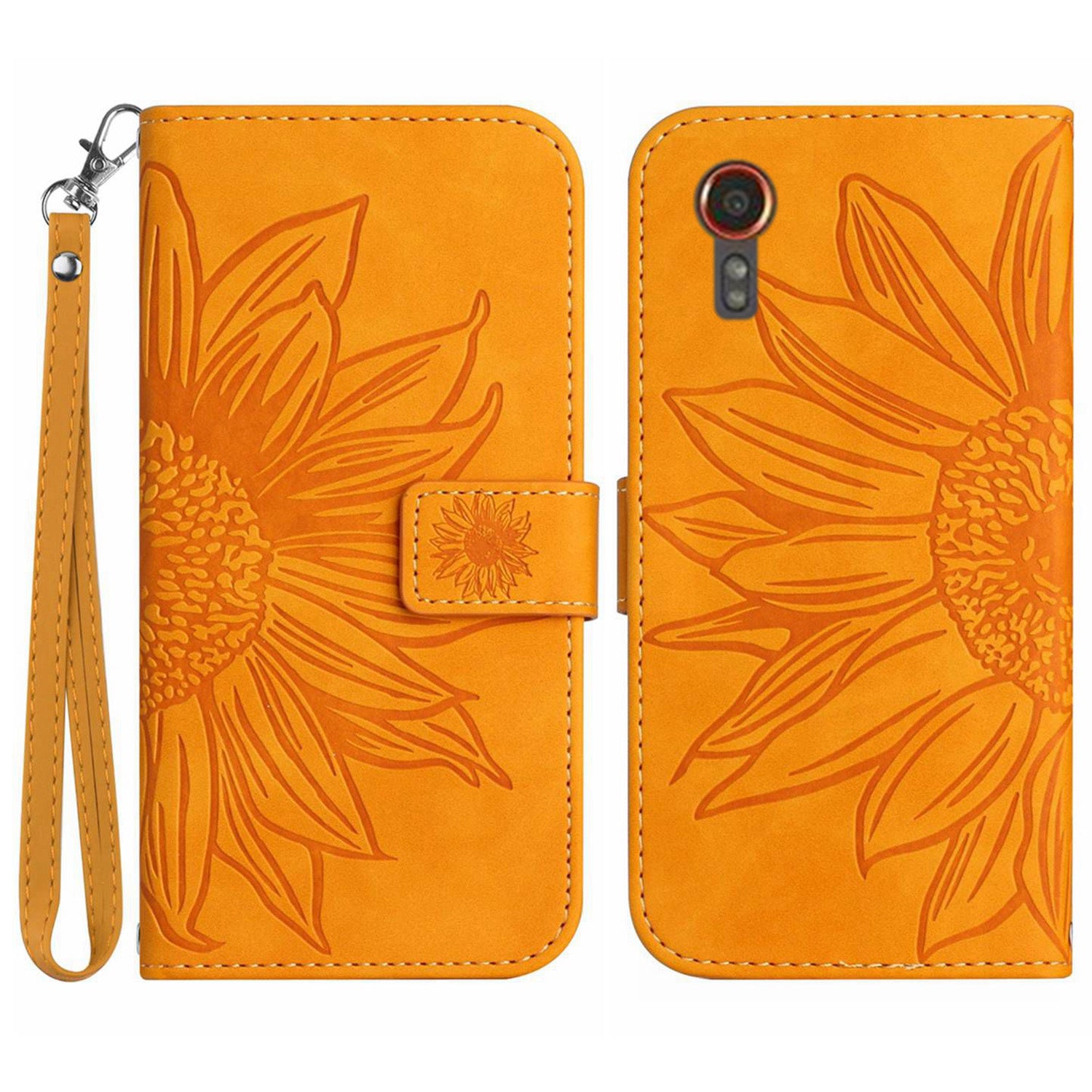 HT04 For Samsung Galaxy Xcover7 Leather Case Phone Wallet with Hand Strap Sunflower Pattern - Dark Green