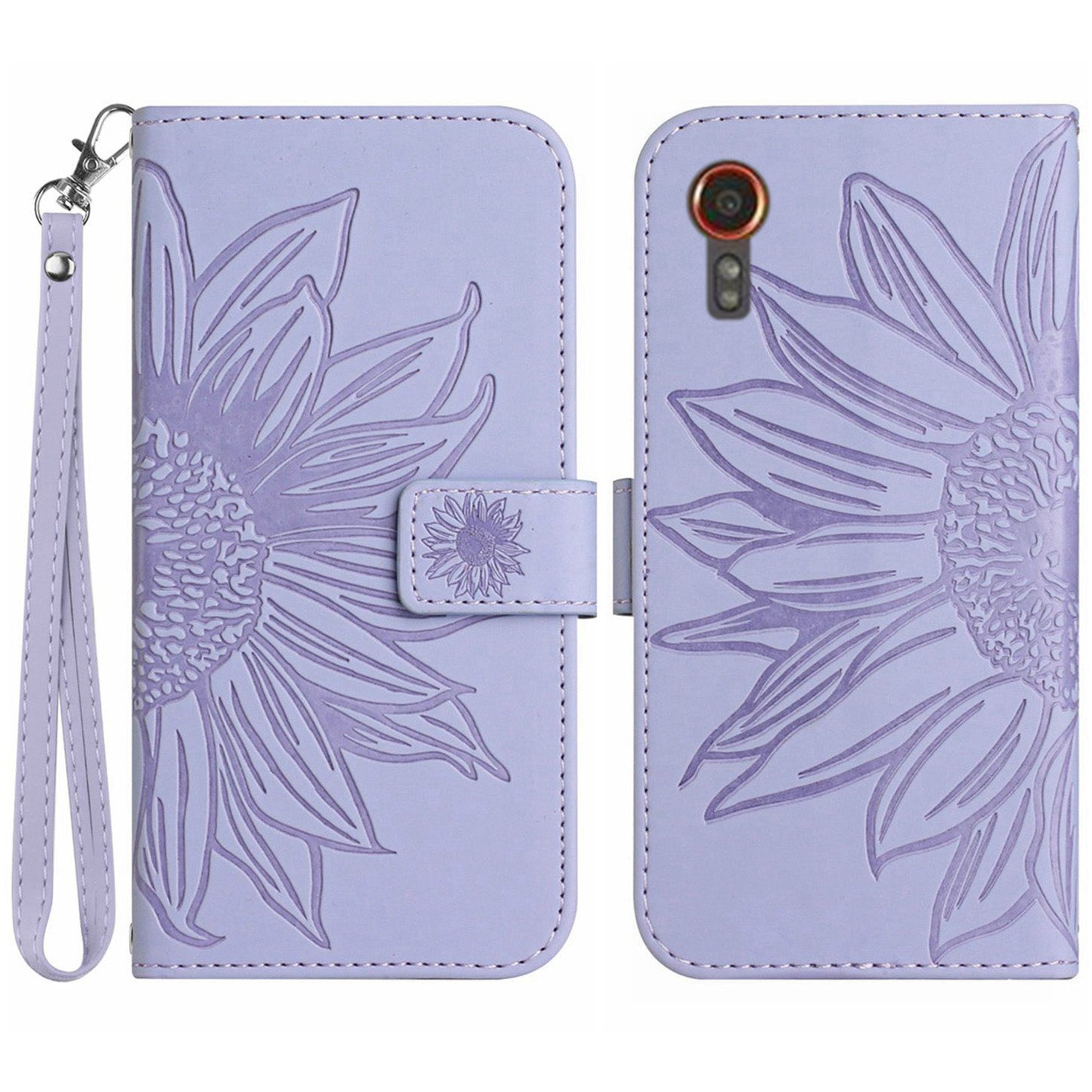 HT04 For Samsung Galaxy Xcover7 Leather Case Phone Wallet with Hand Strap Sunflower Pattern - Dark Green