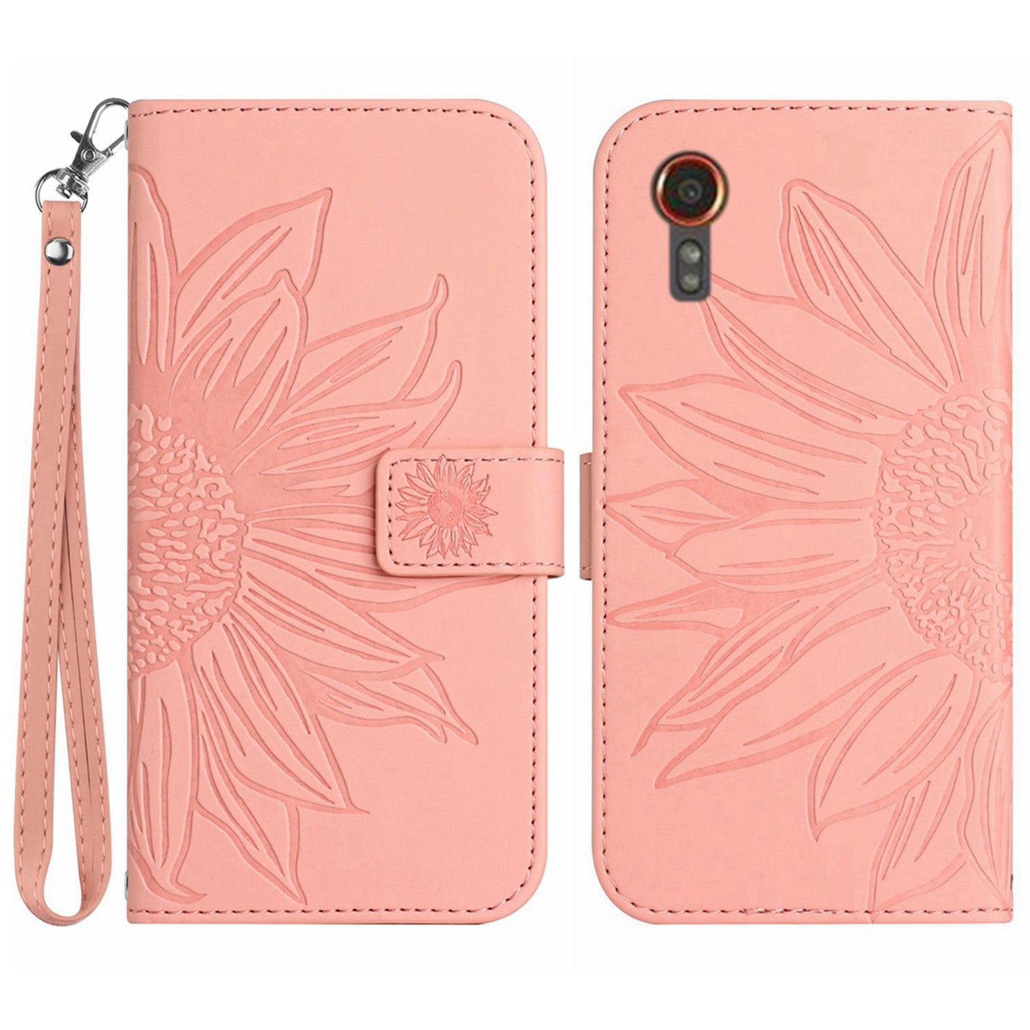 HT04 For Samsung Galaxy Xcover7 Leather Case Phone Wallet with Hand Strap Sunflower Pattern - Dark Green