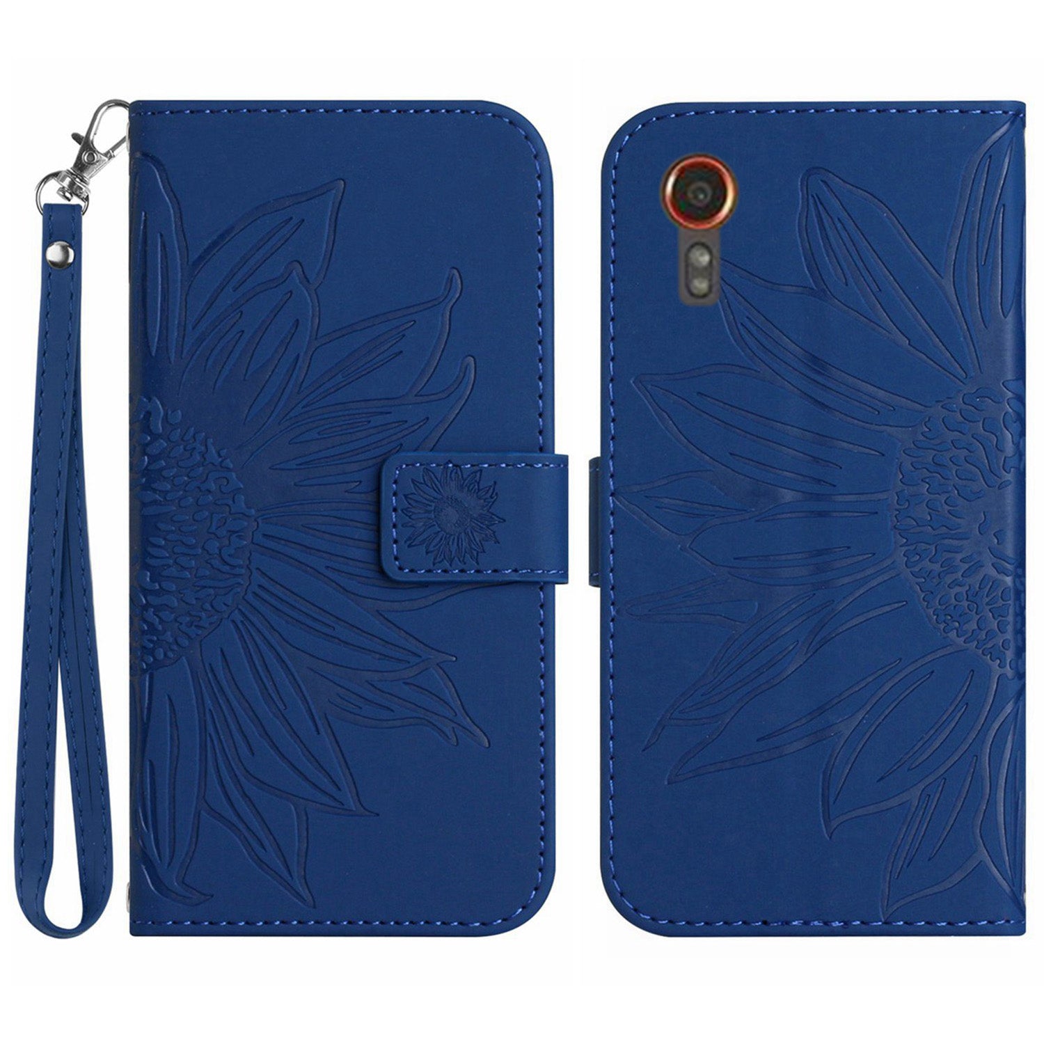 HT04 For Samsung Galaxy Xcover7 Leather Case Phone Wallet with Hand Strap Sunflower Pattern - Dark Green