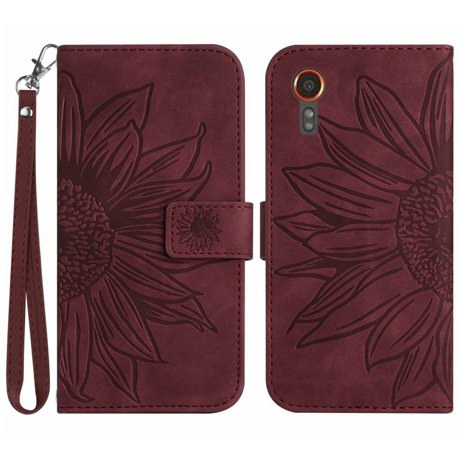 HT04 For Samsung Galaxy Xcover7 Leather Case Phone Wallet with Hand Strap Sunflower Pattern - Dark Green