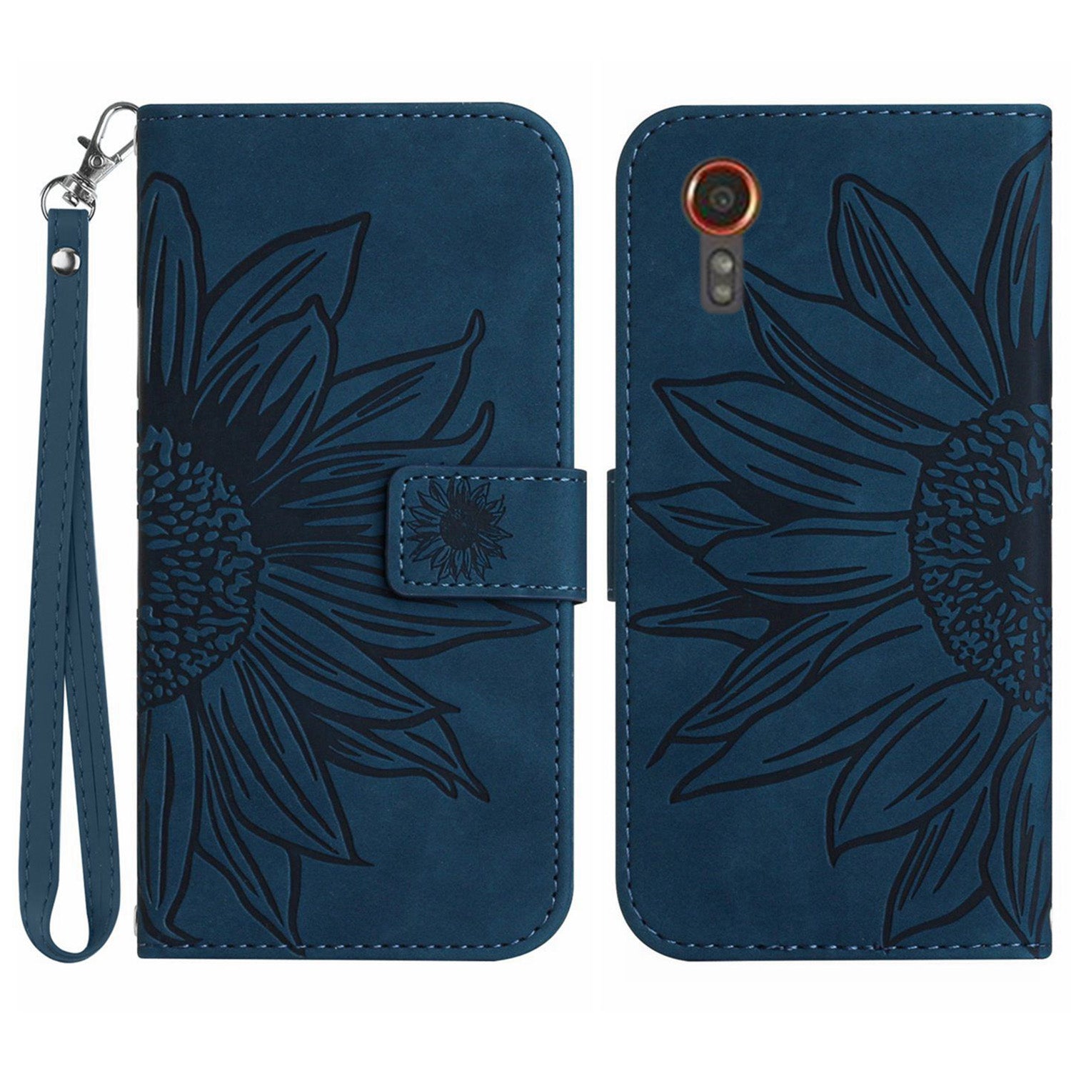 HT04 For Samsung Galaxy Xcover7 Leather Case Phone Wallet with Hand Strap Sunflower Pattern - Dark Green