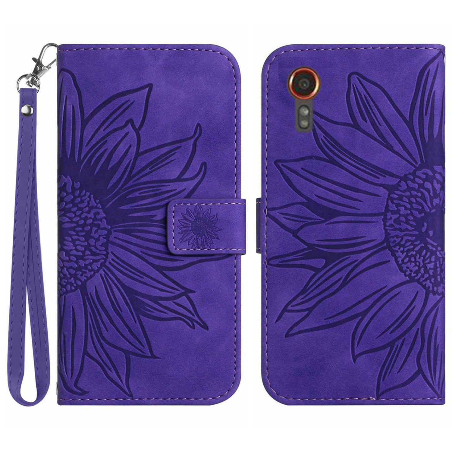 HT04 For Samsung Galaxy Xcover7 Leather Case Phone Wallet with Hand Strap Sunflower Pattern - Dark Green