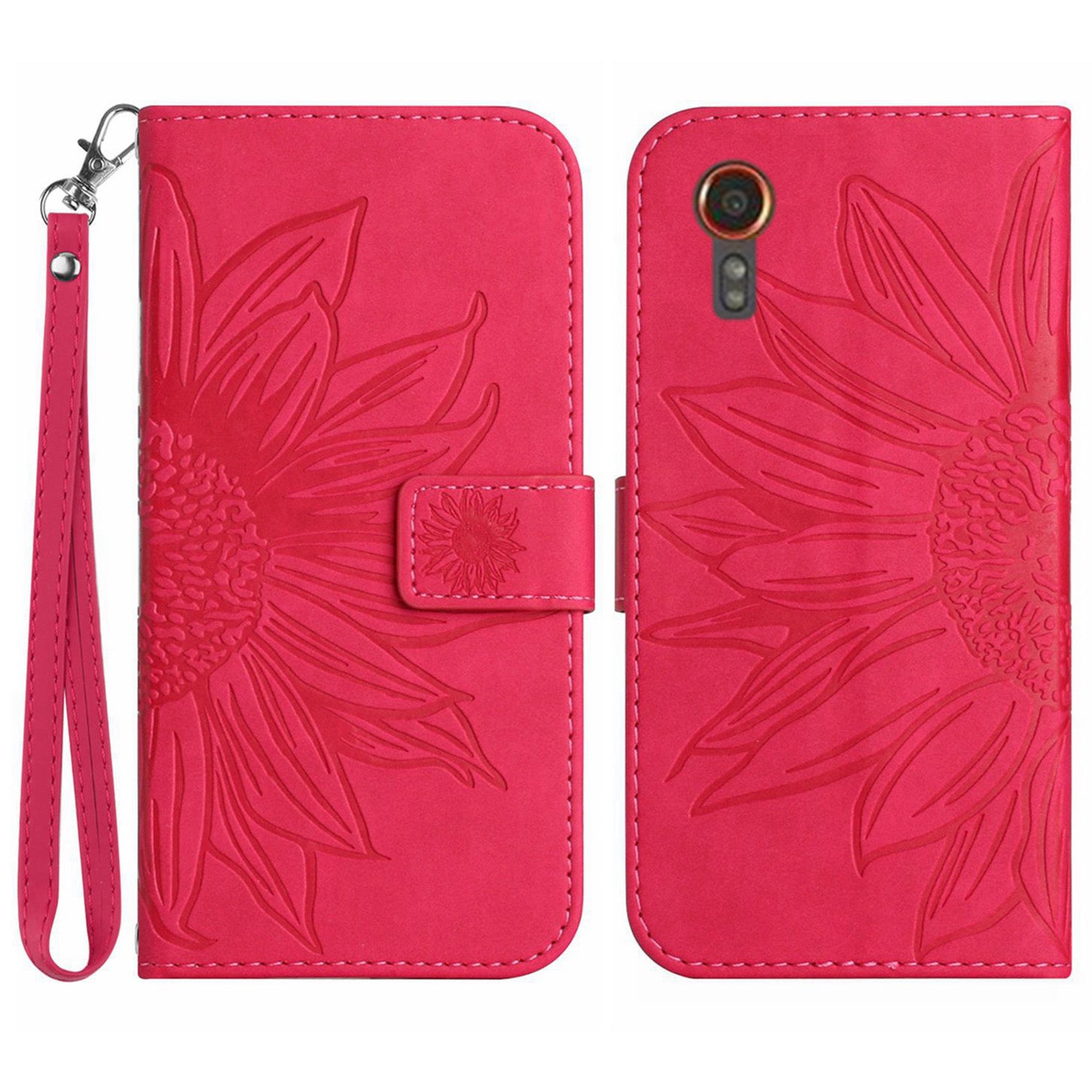 HT04 For Samsung Galaxy Xcover7 Leather Case Phone Wallet with Hand Strap Sunflower Pattern - Dark Green