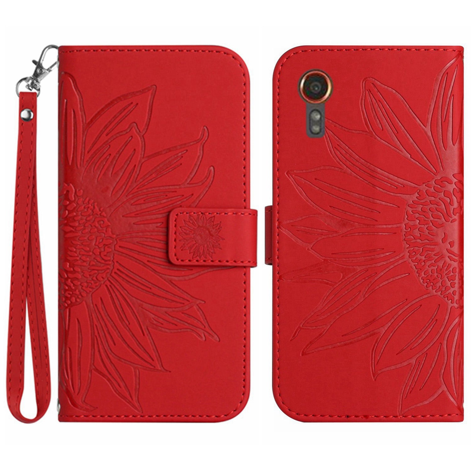 HT04 For Samsung Galaxy Xcover7 Leather Case Phone Wallet with Hand Strap Sunflower Pattern - Dark Green