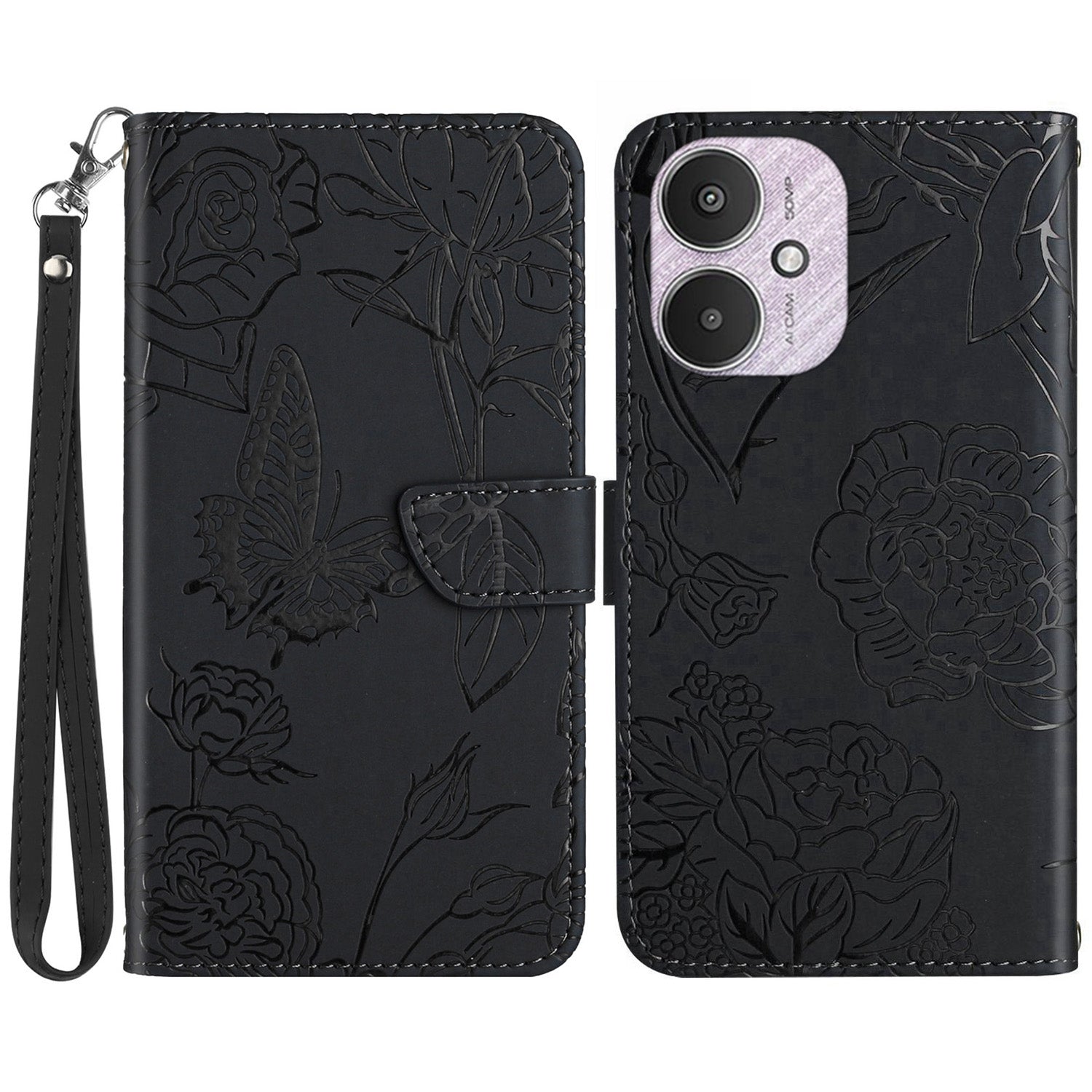 HT03 For Xiaomi Redmi 13C 4G / 5G / Poco C65 4G Wallet Leather Case with Hand Strap - Black