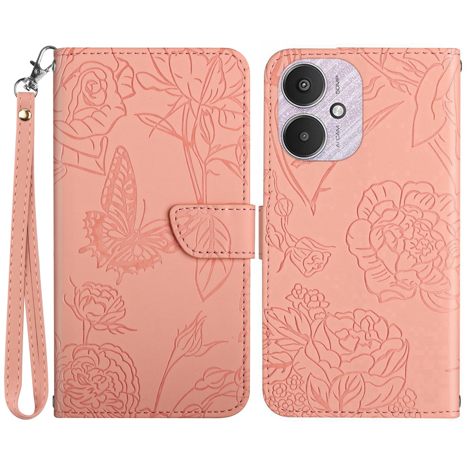 HT03 For Xiaomi Redmi 13C 4G / 5G / Poco C65 4G Wallet Leather Case with Hand Strap - Black