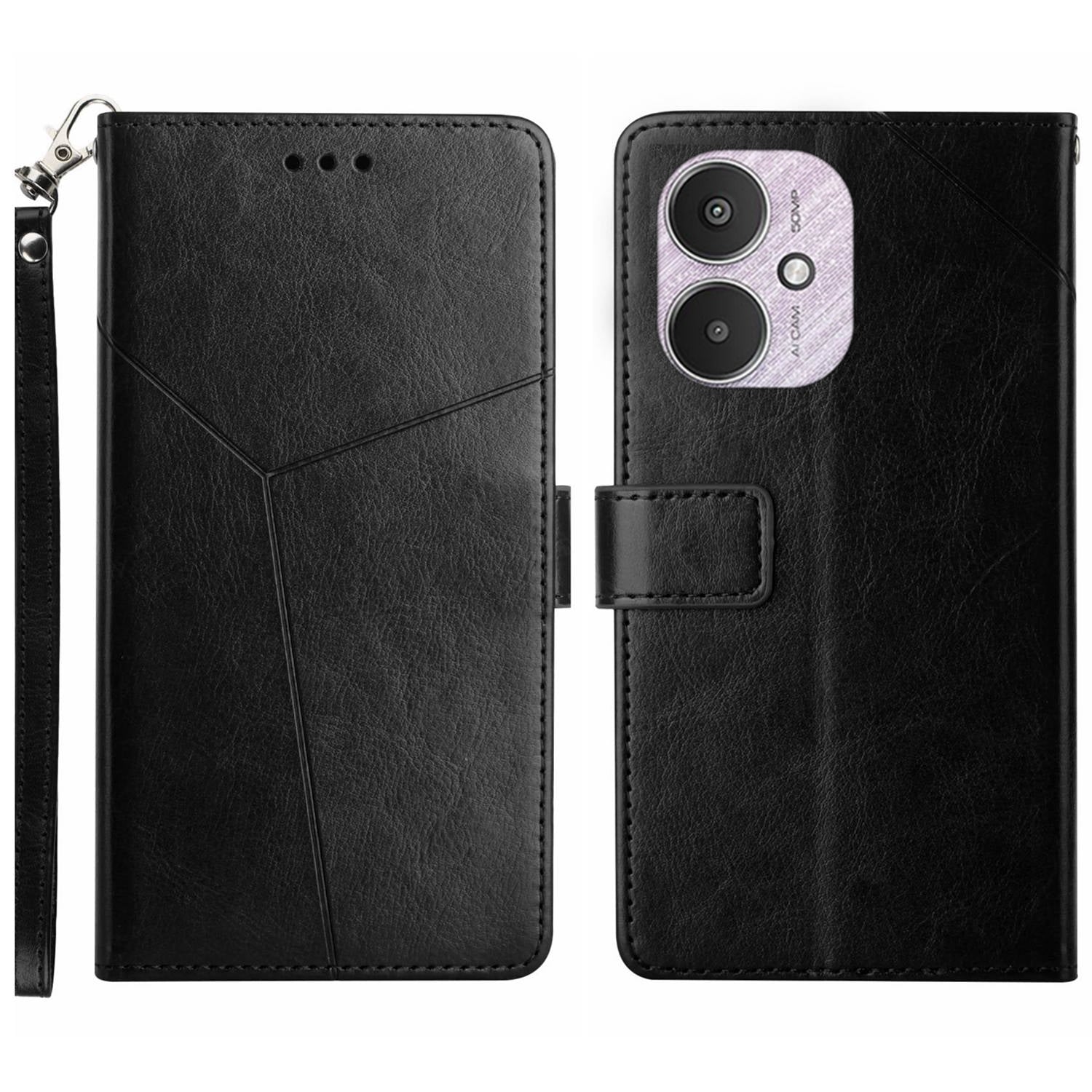HT01 For Xiaomi Redmi 13C 4G / 5G / Poco C65 4G Leather Case Y-shaped Line Imprinted - Black