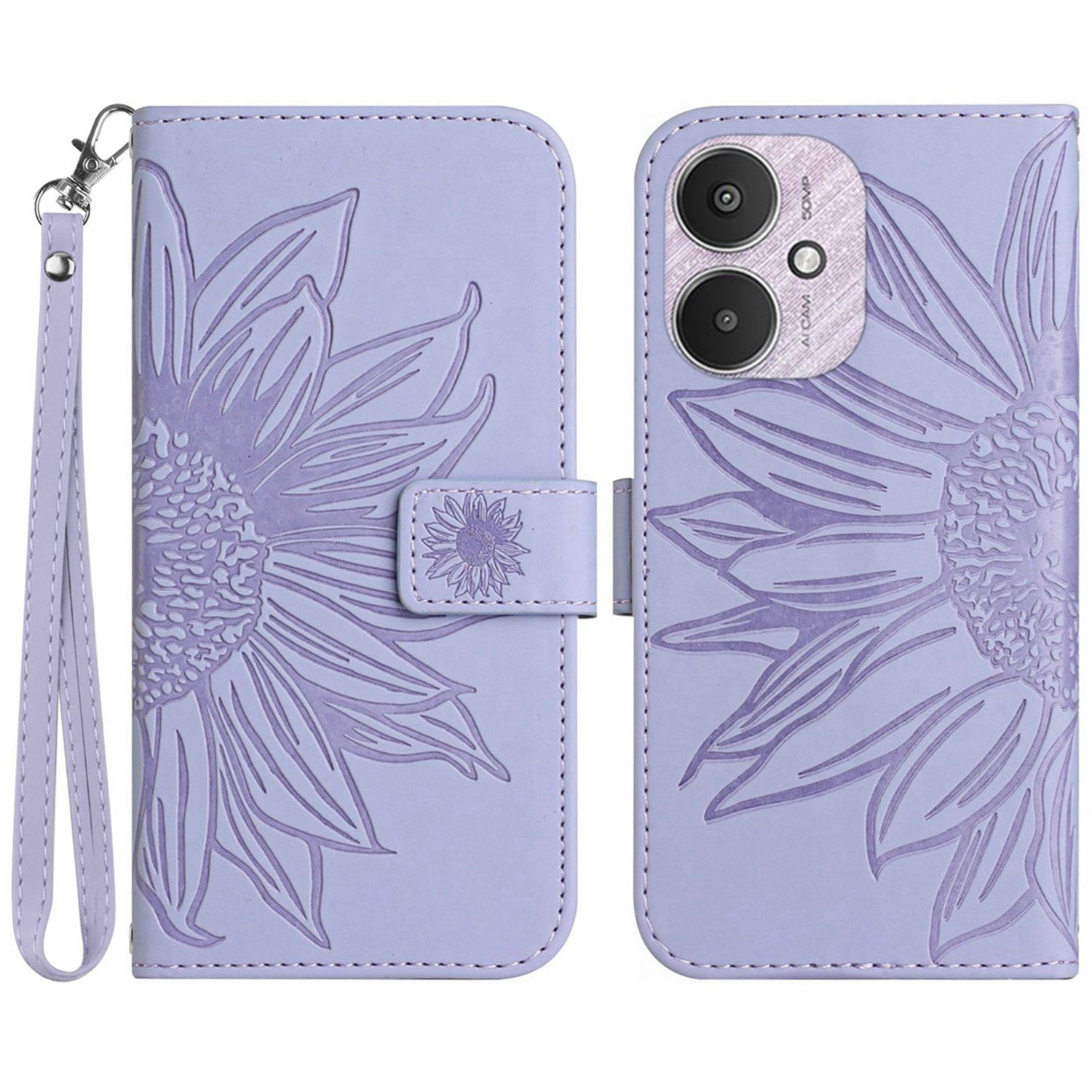 HT04 For Xiaomi Redmi 13C 4G / 5G / Poco C65 4G Case with Wrist Strap Sunflower Phone Wallet Cover - Light Purple