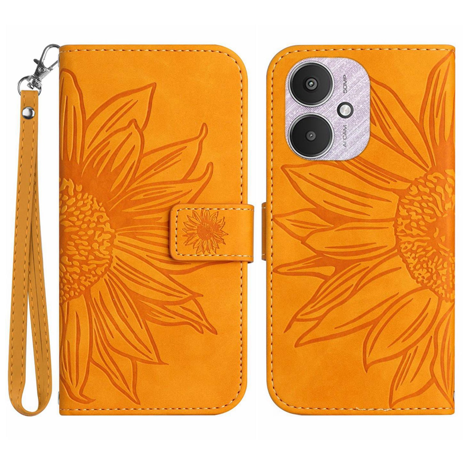 HT04 For Xiaomi Redmi 13C 4G / 5G / Poco C65 4G Case with Wrist Strap Sunflower Phone Wallet Cover - Light Purple