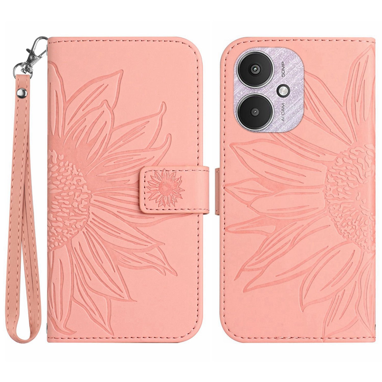 HT04 For Xiaomi Redmi 13C 4G / 5G / Poco C65 4G Case with Wrist Strap Sunflower Phone Wallet Cover - Light Purple