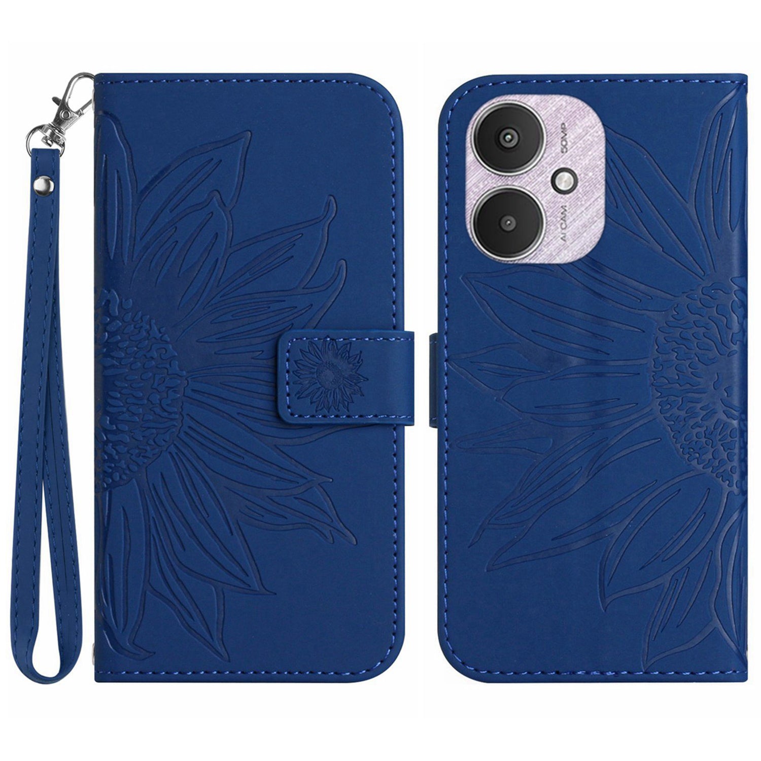 HT04 For Xiaomi Redmi 13C 4G / 5G / Poco C65 4G Case with Wrist Strap Sunflower Phone Wallet Cover - Light Purple