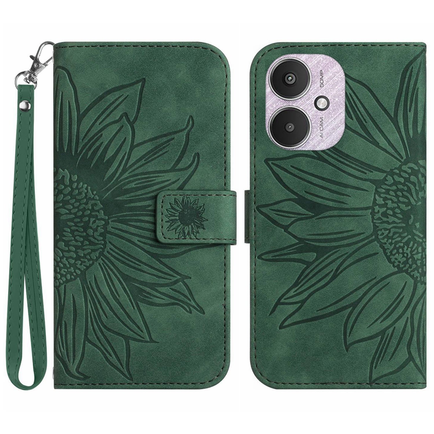 HT04 For Xiaomi Redmi 13C 4G / 5G / Poco C65 4G Case with Wrist Strap Sunflower Phone Wallet Cover - Light Purple