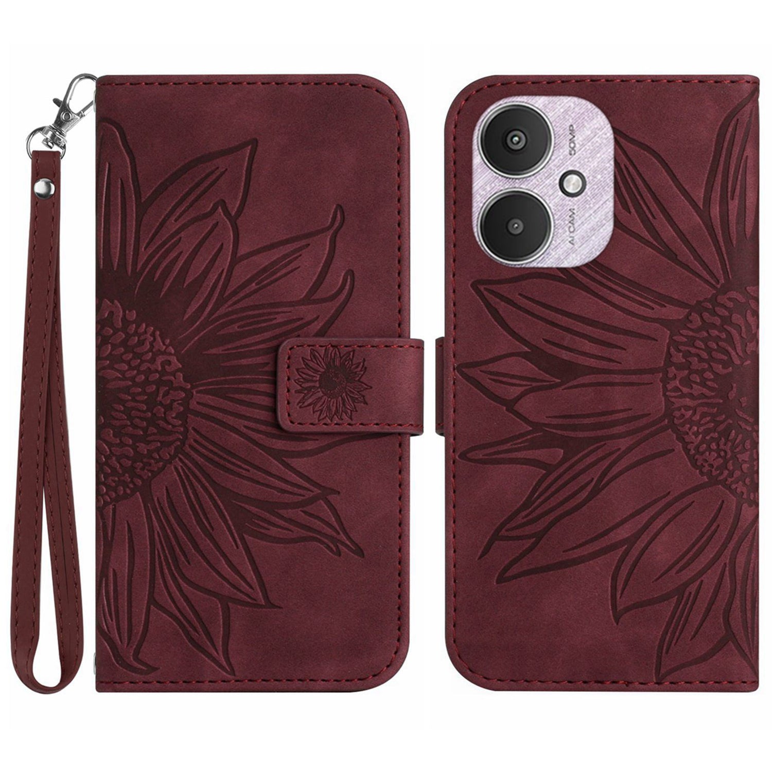 HT04 For Xiaomi Redmi 13C 4G / 5G / Poco C65 4G Case with Wrist Strap Sunflower Phone Wallet Cover - Light Purple