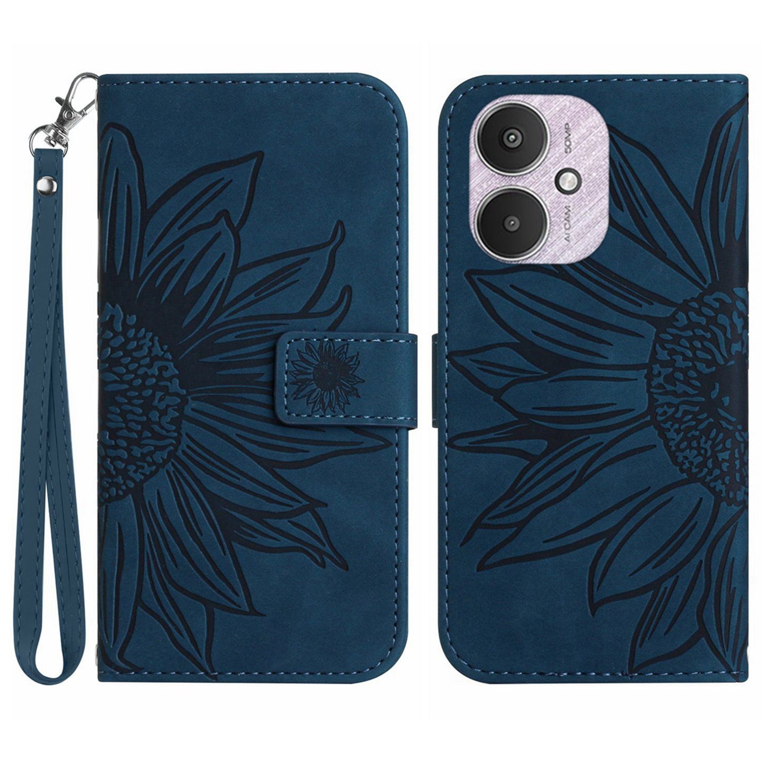 HT04 For Xiaomi Redmi 13C 4G / 5G / Poco C65 4G Case with Wrist Strap Sunflower Phone Wallet Cover - Light Purple