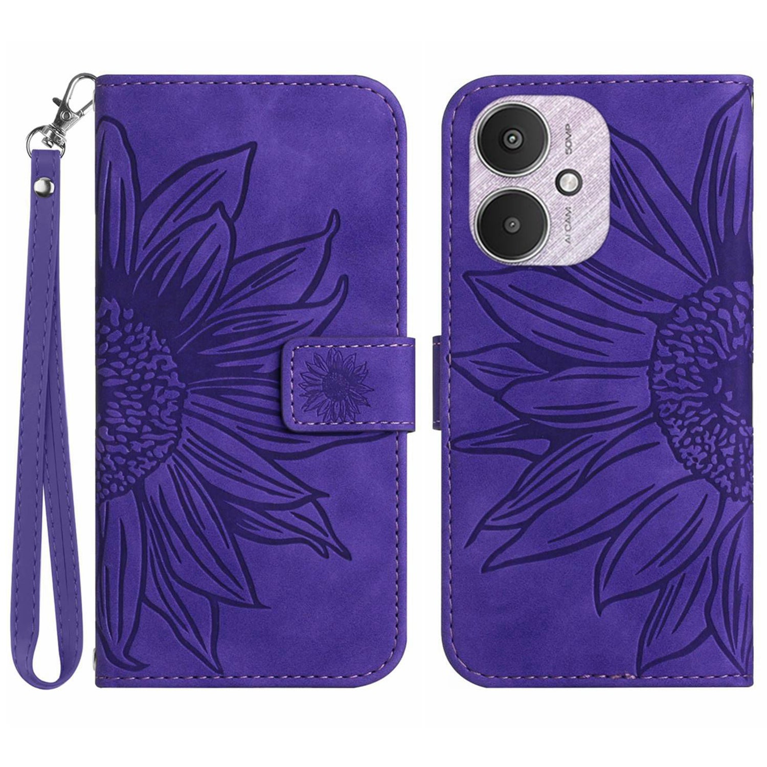 HT04 For Xiaomi Redmi 13C 4G / 5G / Poco C65 4G Case with Wrist Strap Sunflower Phone Wallet Cover - Light Purple