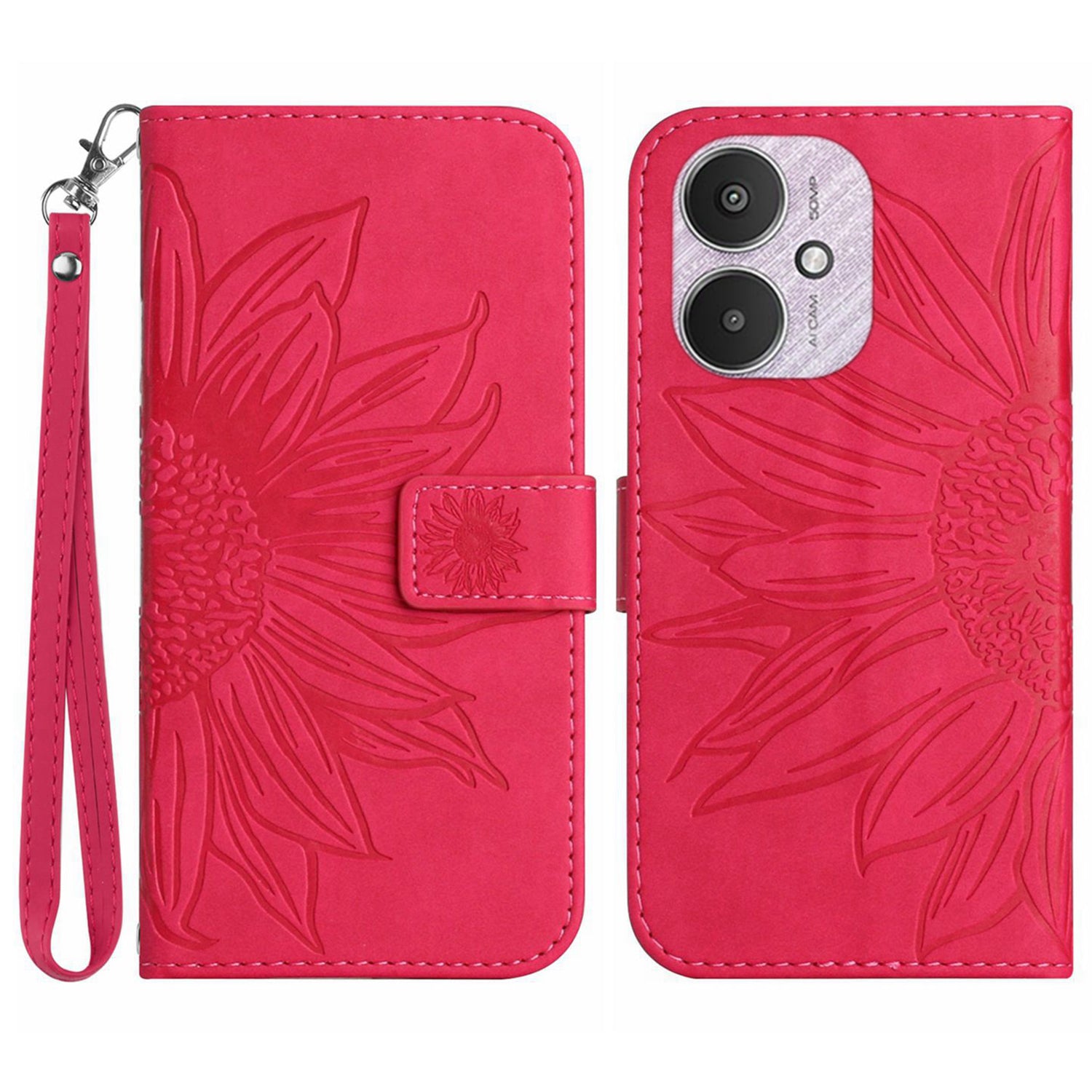 HT04 For Xiaomi Redmi 13C 4G / 5G / Poco C65 4G Case with Wrist Strap Sunflower Phone Wallet Cover - Light Purple