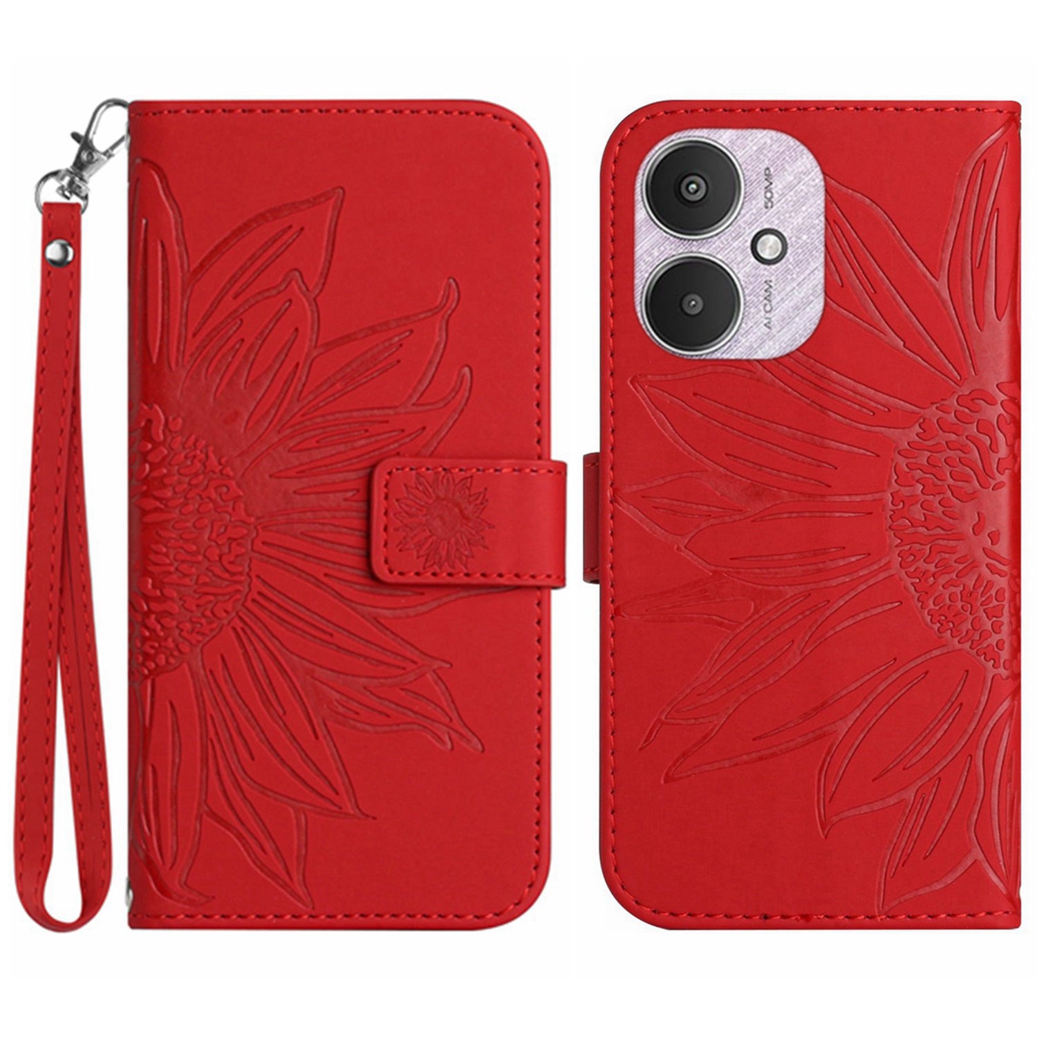 HT04 For Xiaomi Redmi 13C 4G / 5G / Poco C65 4G Case with Wrist Strap Sunflower Phone Wallet Cover - Light Purple
