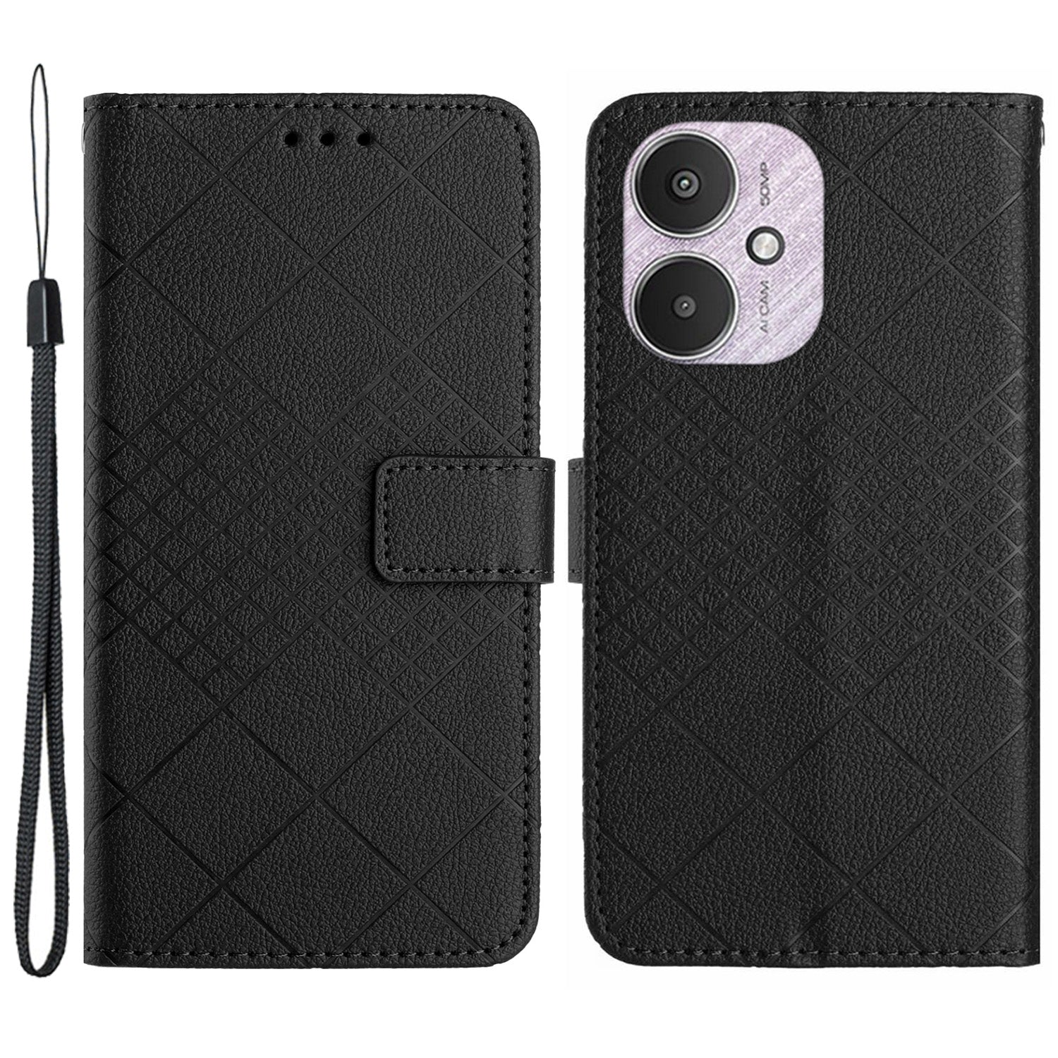 HT06 For Xiaomi Redmi 13C 4G / 5G / Poco C65 4G Leather Case Rhombus Pattern with Wrist Strap - Pink
