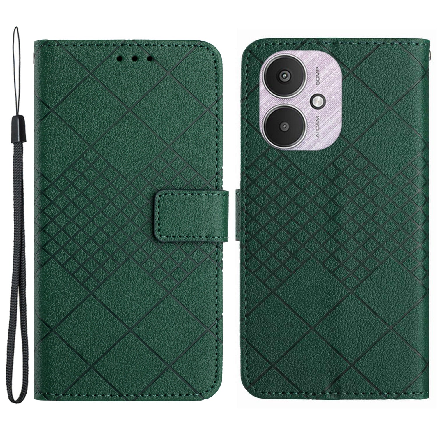 HT06 For Xiaomi Redmi 13C 4G / 5G / Poco C65 4G Leather Case Rhombus Pattern with Wrist Strap - Pink