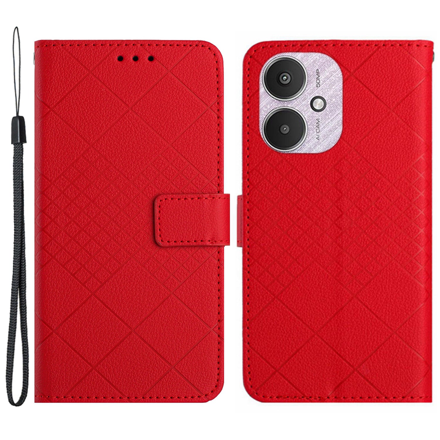 HT06 For Xiaomi Redmi 13C 4G / 5G / Poco C65 4G Leather Case Rhombus Pattern with Wrist Strap - Pink