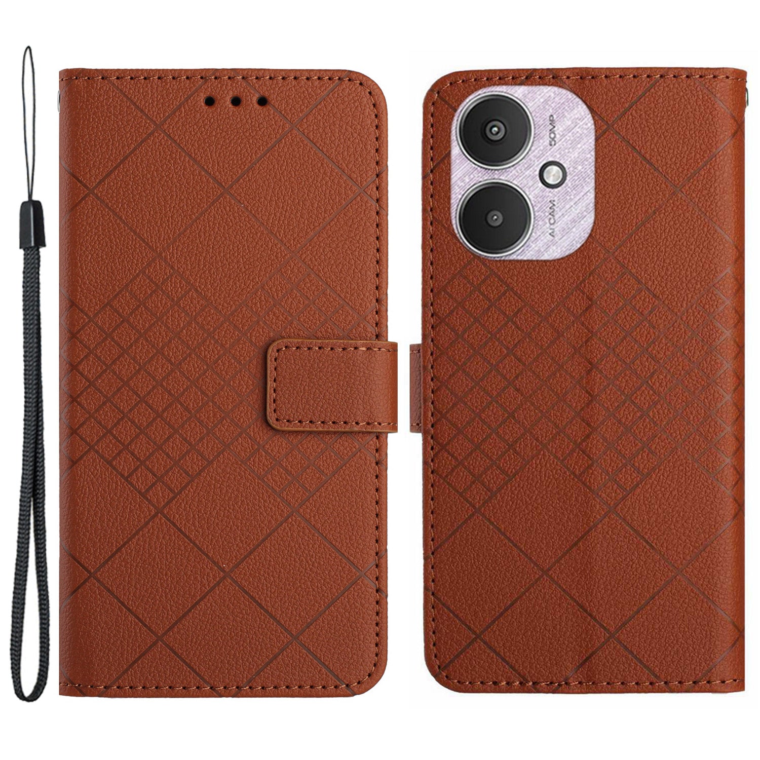 HT06 For Xiaomi Redmi 13C 4G / 5G / Poco C65 4G Leather Case Rhombus Pattern with Wrist Strap - Pink