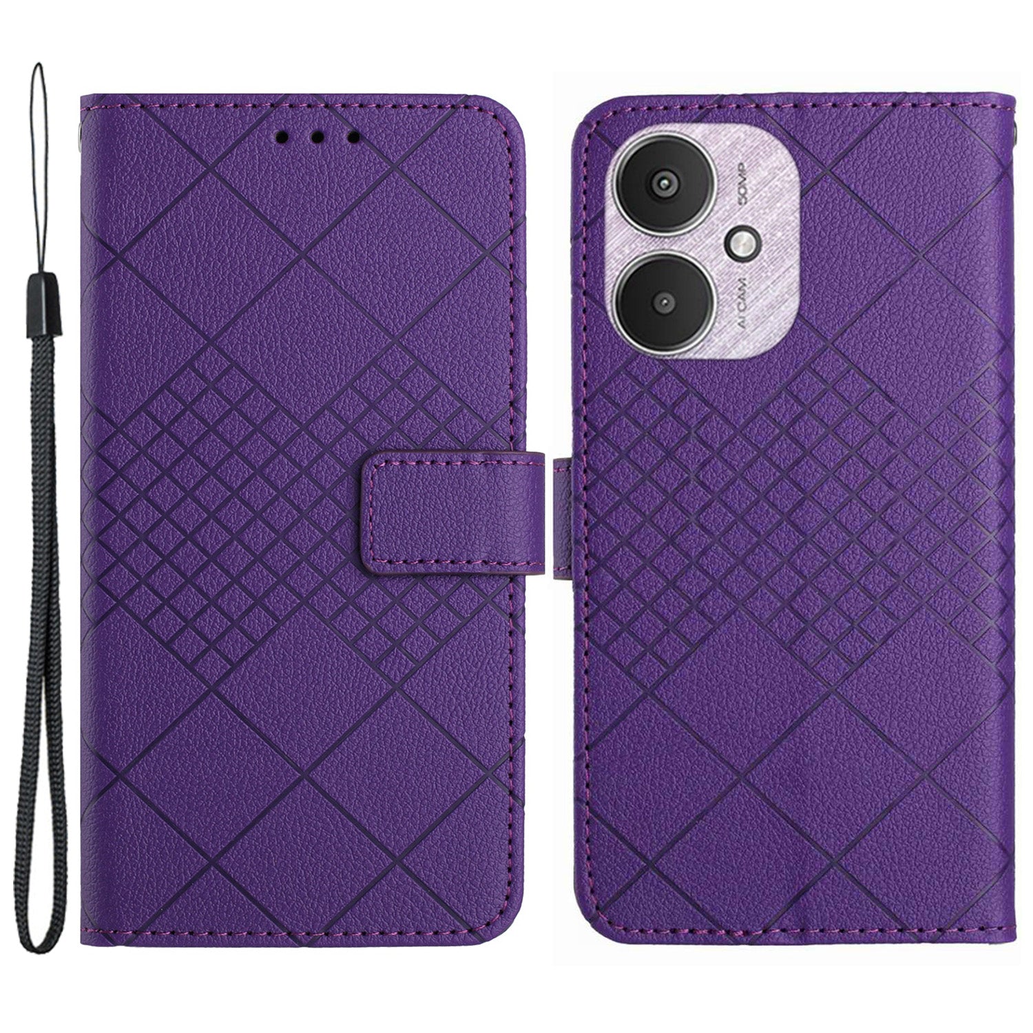HT06 For Xiaomi Redmi 13C 4G / 5G / Poco C65 4G Leather Case Rhombus Pattern with Wrist Strap - Pink