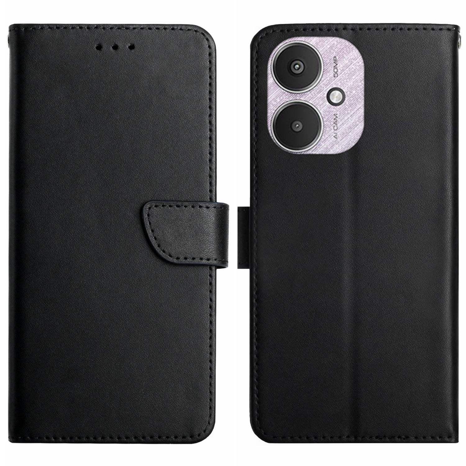 HT02 For Xiaomi Redmi 13C 4G / 5G / Poco C65 4G Case Phone Wallet Genuine Cow Leather Cover - Black