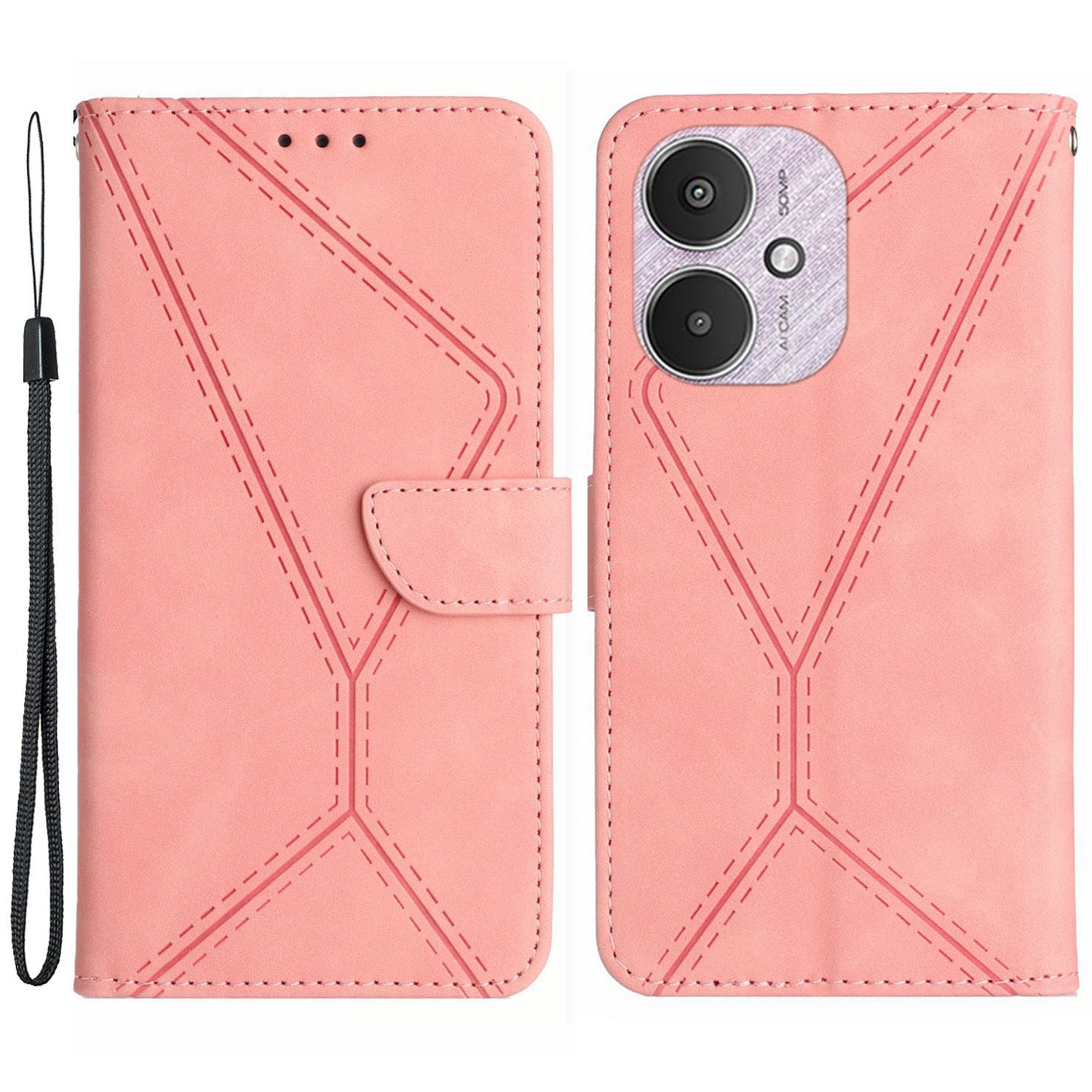 HT05 For Xiaomi Redmi 13C 4G / 5G / Poco C65 4G Leather Case Wallet Cover Imprinted Line - Pink
