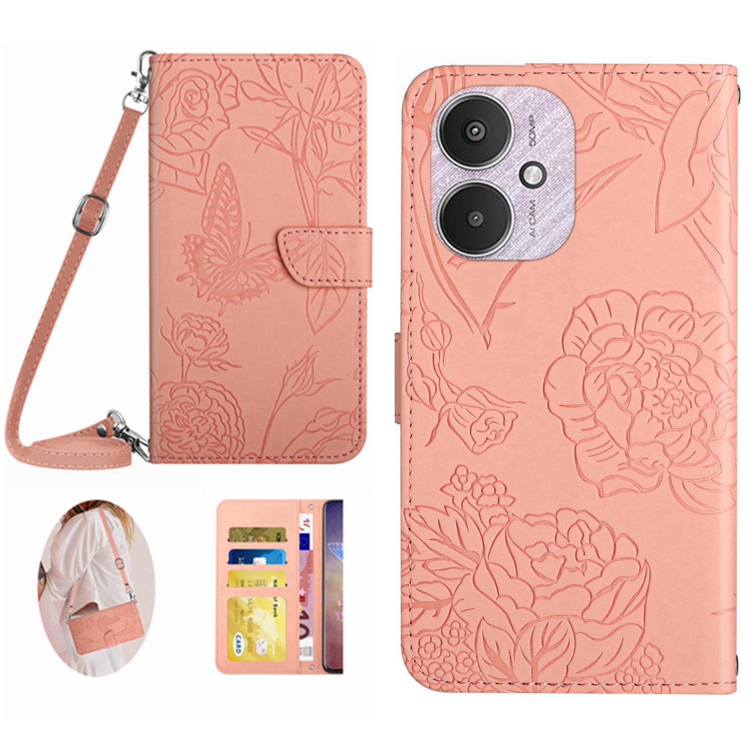 HT03 For Xiaomi Redmi 13C 4G / 5G / Poco C65 4G Crossbody Leather Case Phone Wallet Stand - Pink