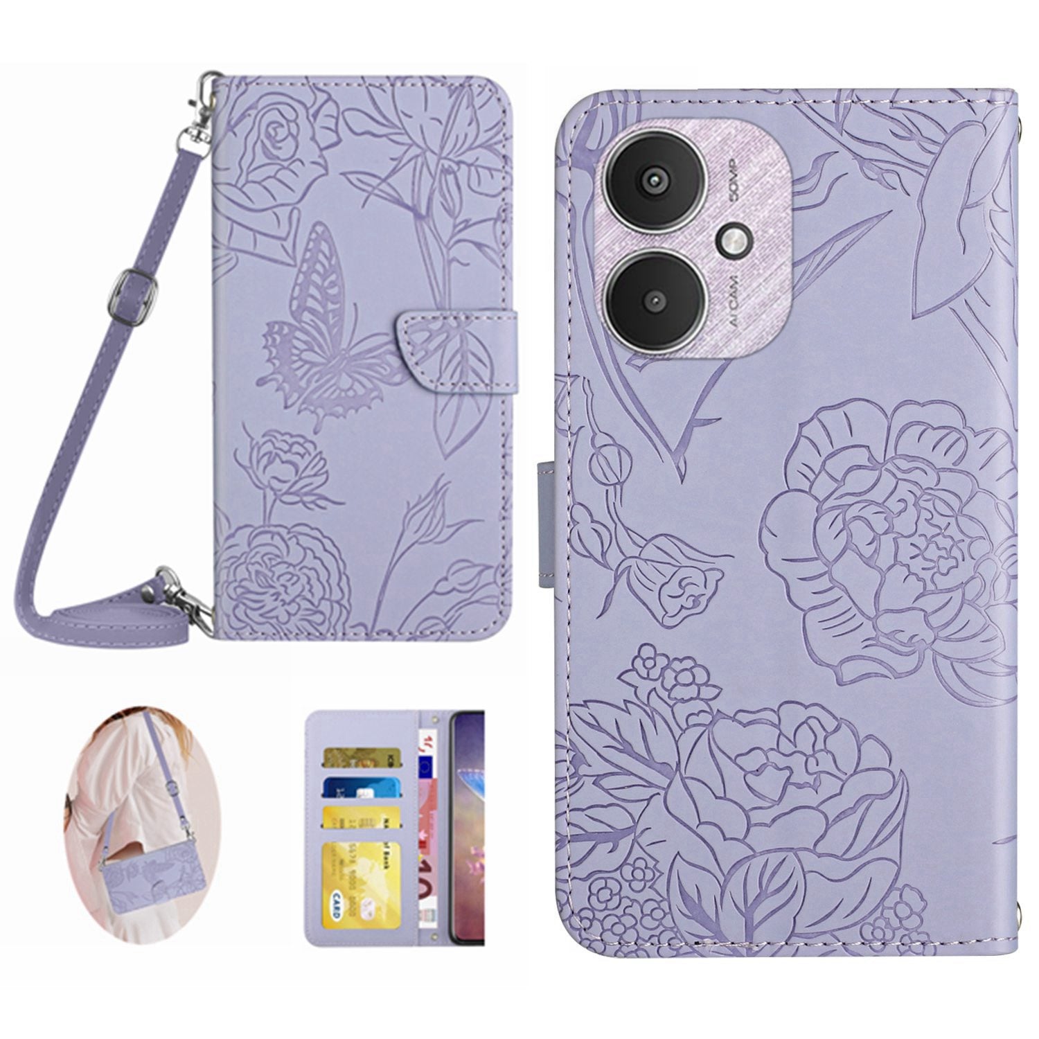 HT03 For Xiaomi Redmi 13C 4G / 5G / Poco C65 4G Crossbody Leather Case Phone Wallet Stand - Pink