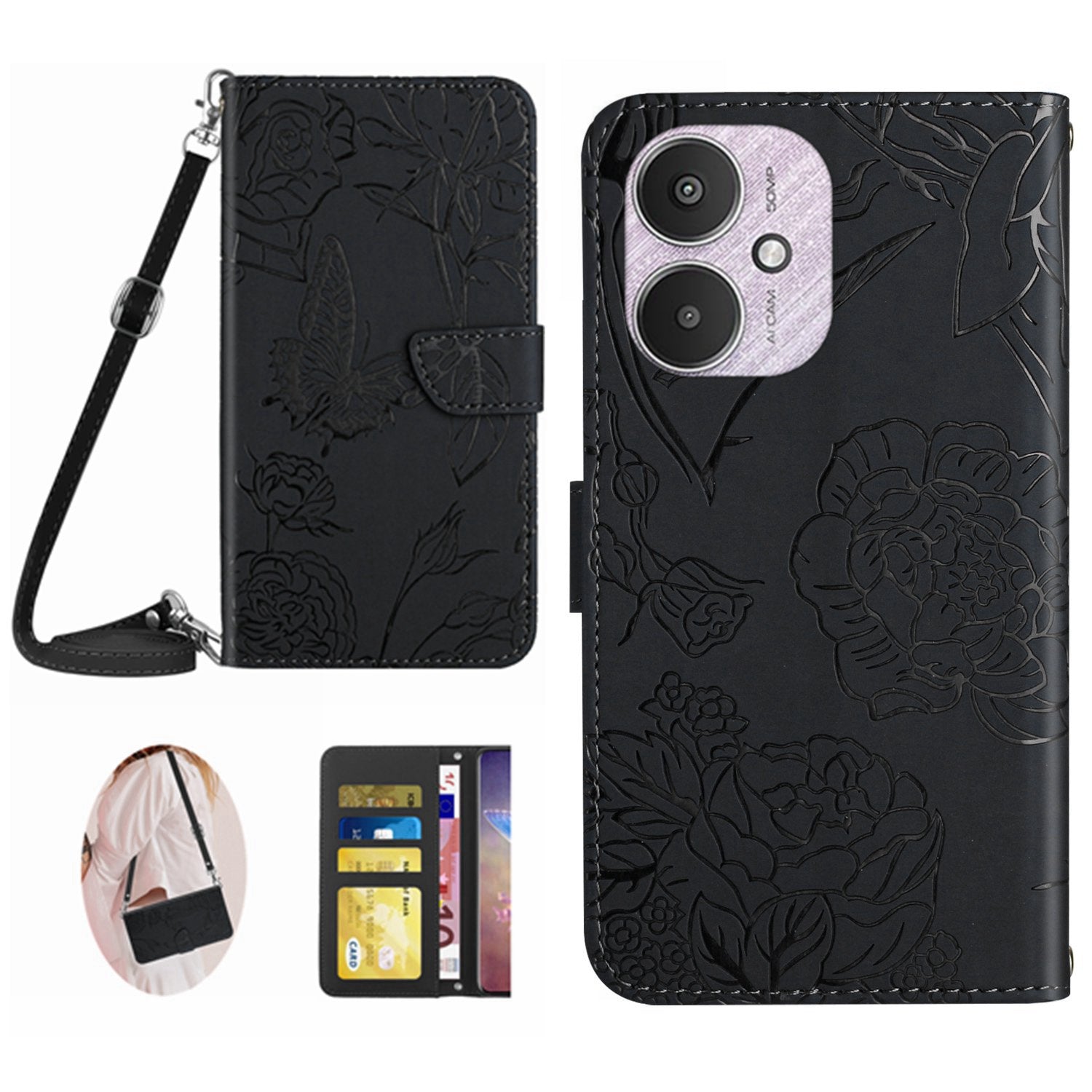HT03 For Xiaomi Redmi 13C 4G / 5G / Poco C65 4G Crossbody Leather Case Phone Wallet Stand - Pink
