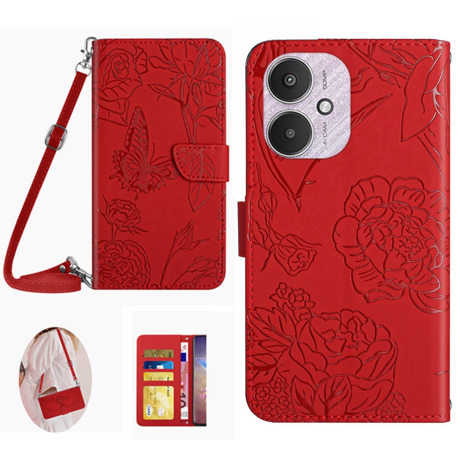 HT03 For Xiaomi Redmi 13C 4G / 5G / Poco C65 4G Crossbody Leather Case Phone Wallet Stand - Pink