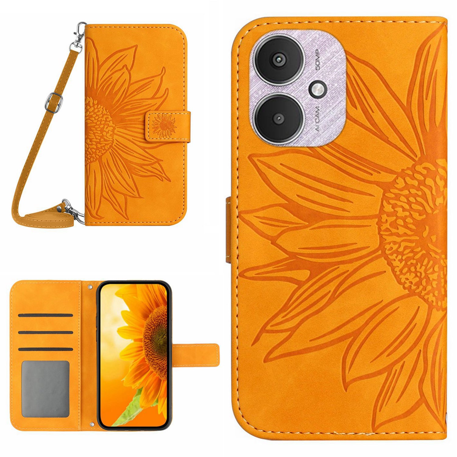 HT04 For Xiaomi Redmi 13C 4G / 5G / Poco C65 4G Crossbody Phone Leather Case Sunflower Pattern - Yellow