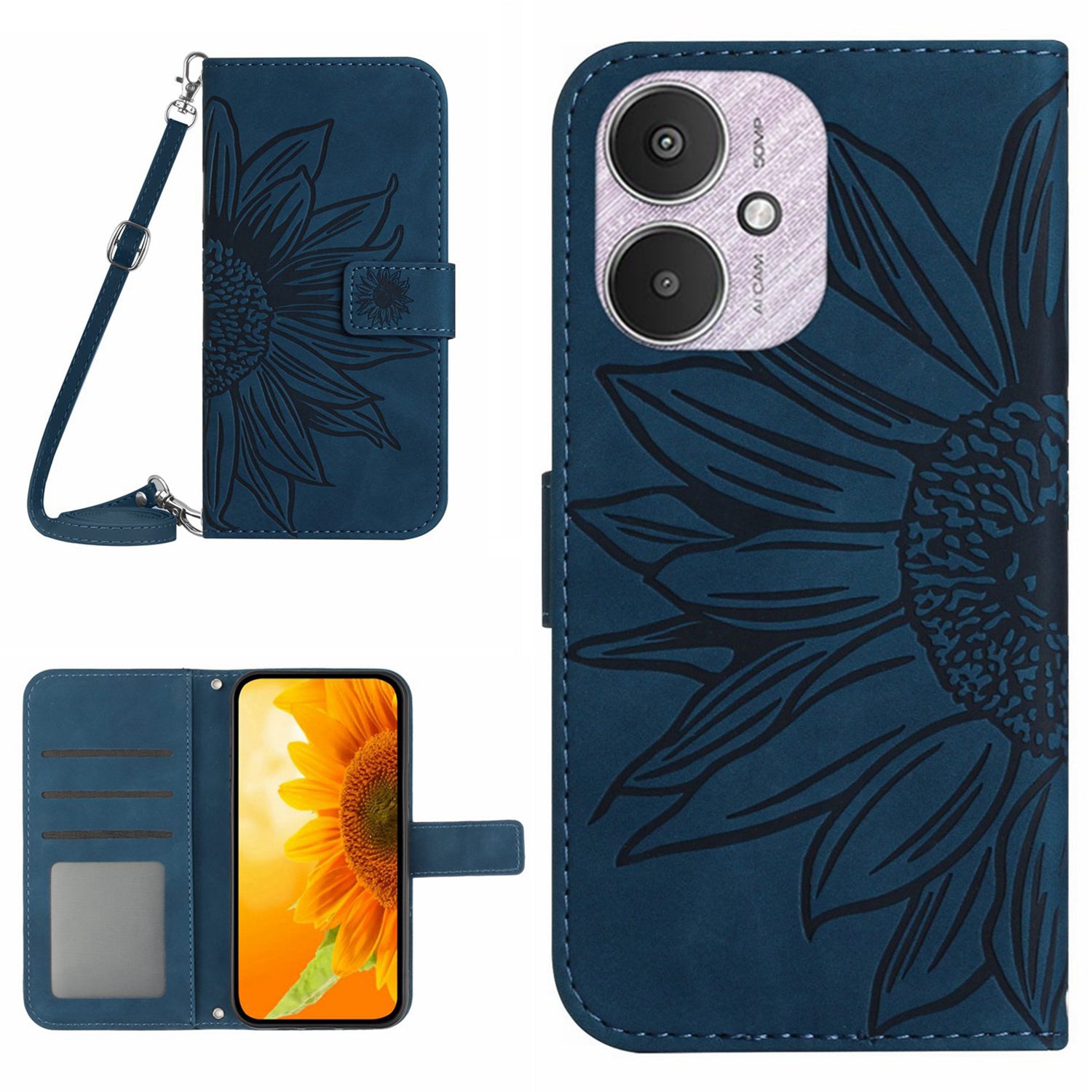 HT04 For Xiaomi Redmi 13C 4G / 5G / Poco C65 4G Crossbody Phone Leather Case Sunflower Pattern - Yellow