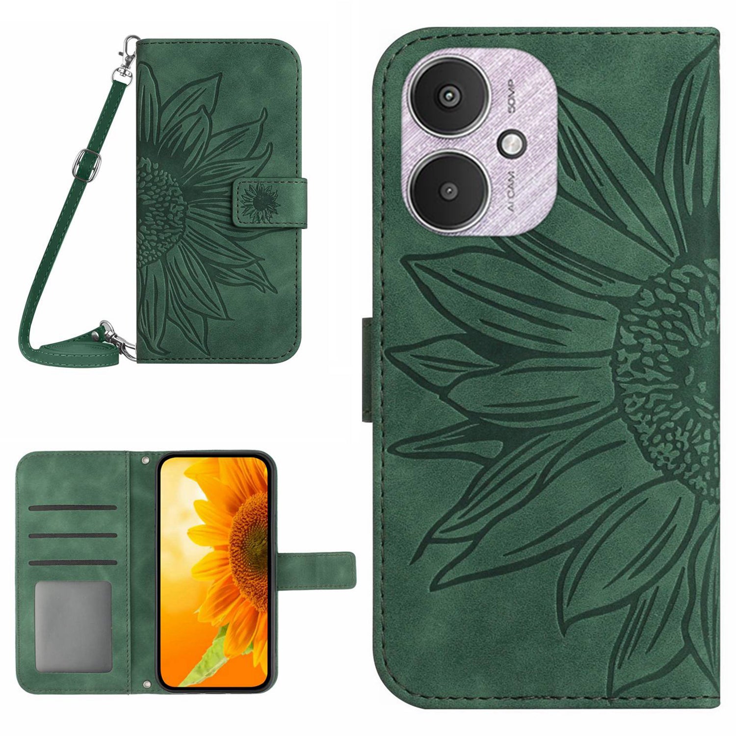 HT04 For Xiaomi Redmi 13C 4G / 5G / Poco C65 4G Crossbody Phone Leather Case Sunflower Pattern - Yellow