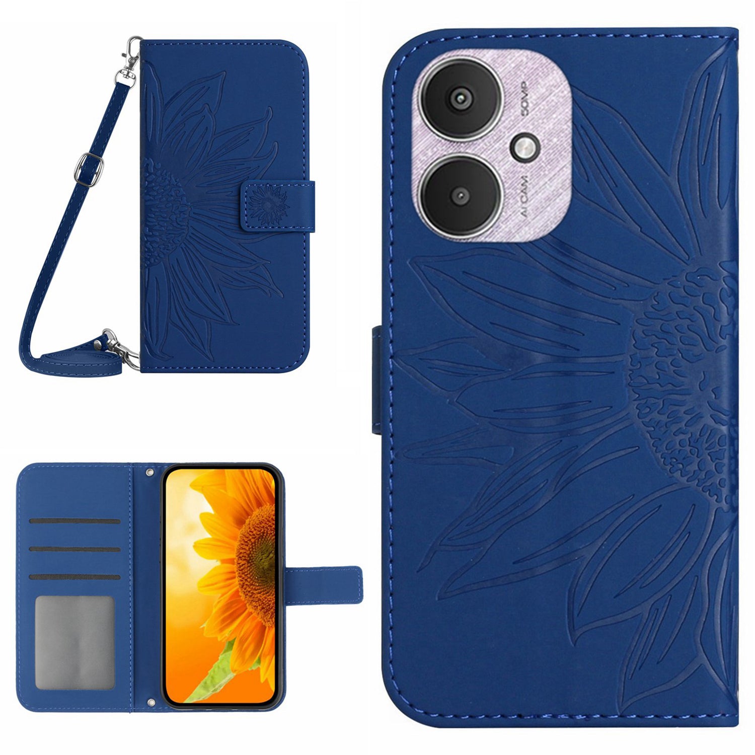 HT04 For Xiaomi Redmi 13C 4G / 5G / Poco C65 4G Crossbody Phone Leather Case Sunflower Pattern - Yellow