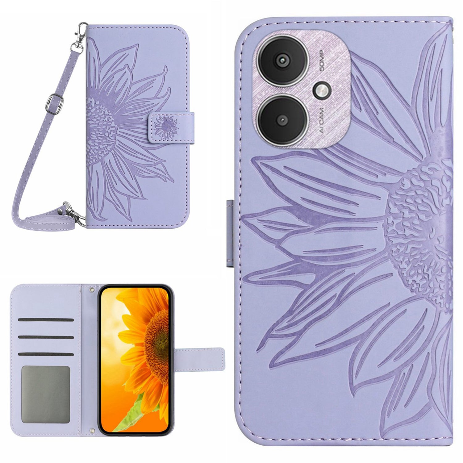 HT04 For Xiaomi Redmi 13C 4G / 5G / Poco C65 4G Crossbody Phone Leather Case Sunflower Pattern - Yellow