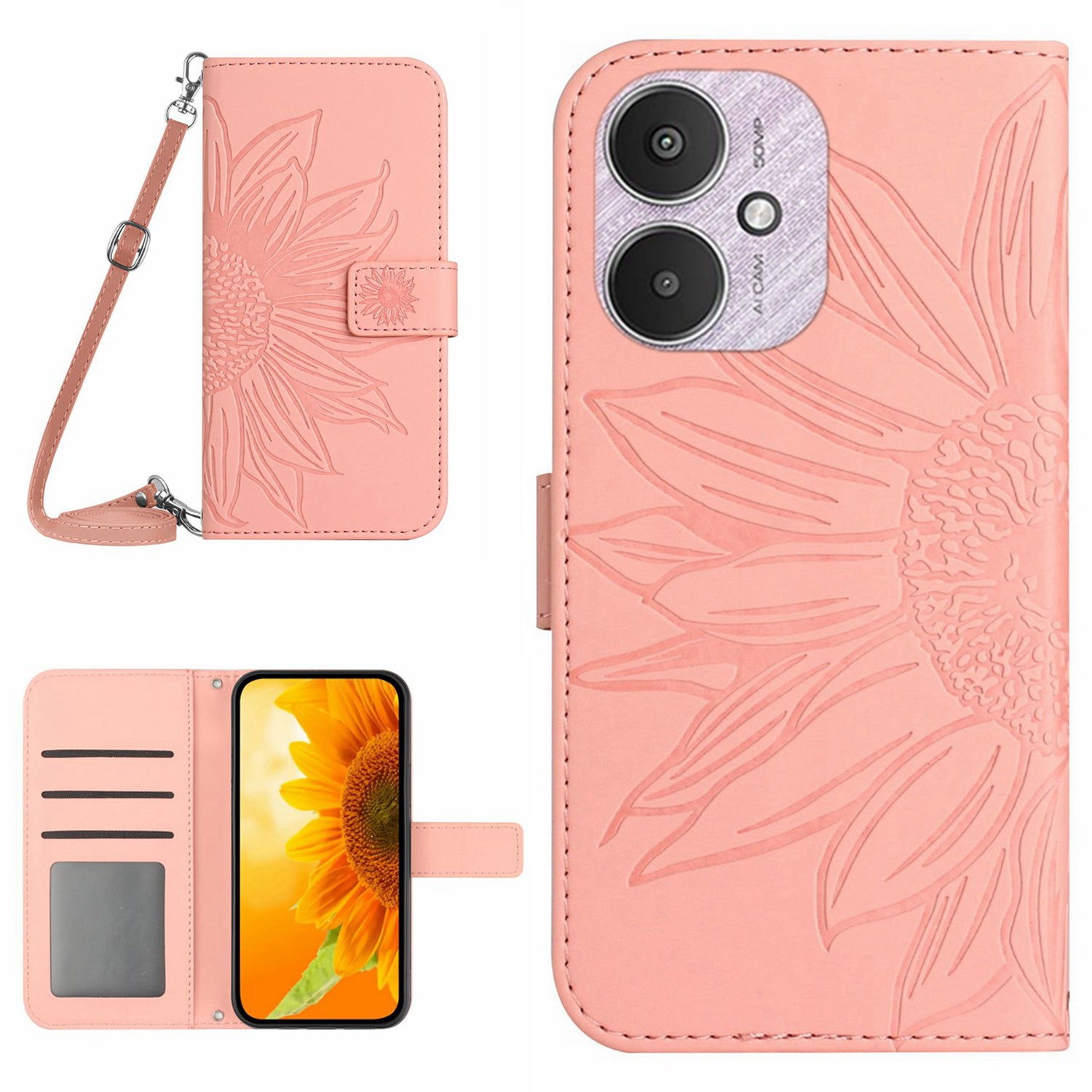 HT04 For Xiaomi Redmi 13C 4G / 5G / Poco C65 4G Crossbody Phone Leather Case Sunflower Pattern - Yellow