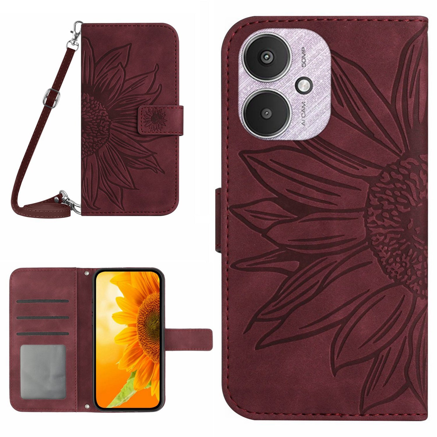 HT04 For Xiaomi Redmi 13C 4G / 5G / Poco C65 4G Crossbody Phone Leather Case Sunflower Pattern - Yellow