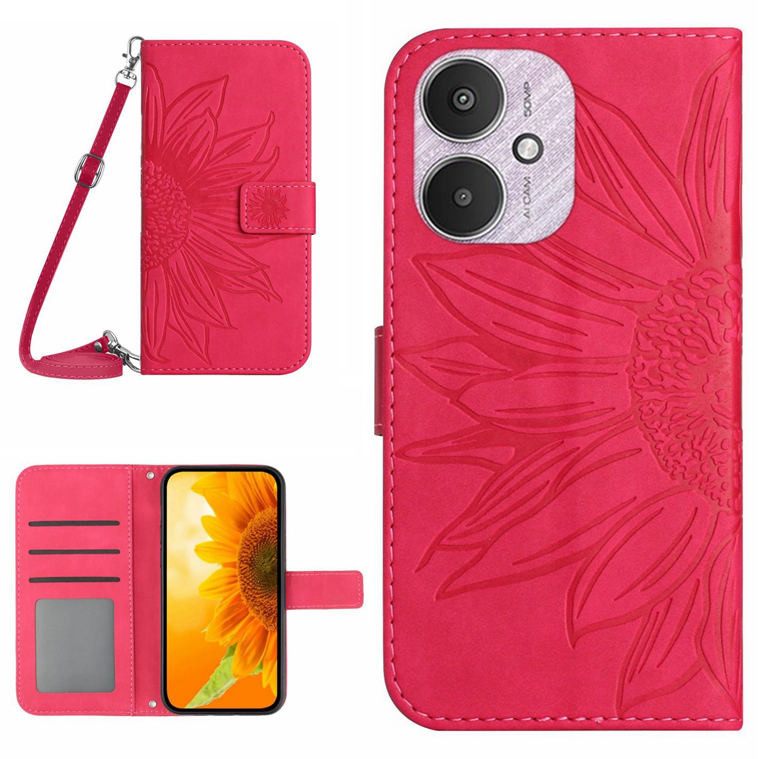 HT04 For Xiaomi Redmi 13C 4G / 5G / Poco C65 4G Crossbody Phone Leather Case Sunflower Pattern - Yellow